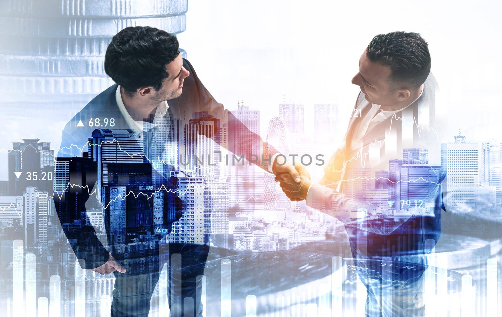 Business handshake on finance prosperity and money technology asset background . Economy and financial growth by investment in valuable stock market to gain wealth profit form currency trading