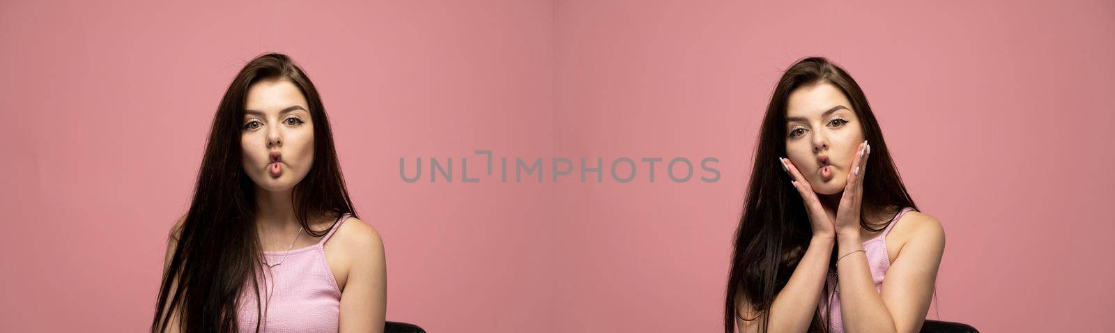 Set of two emotional photographs of a young woman with a happy and angry, sad emotions. Beautiful brunette in a pink t-shirt on a pink background. Collage