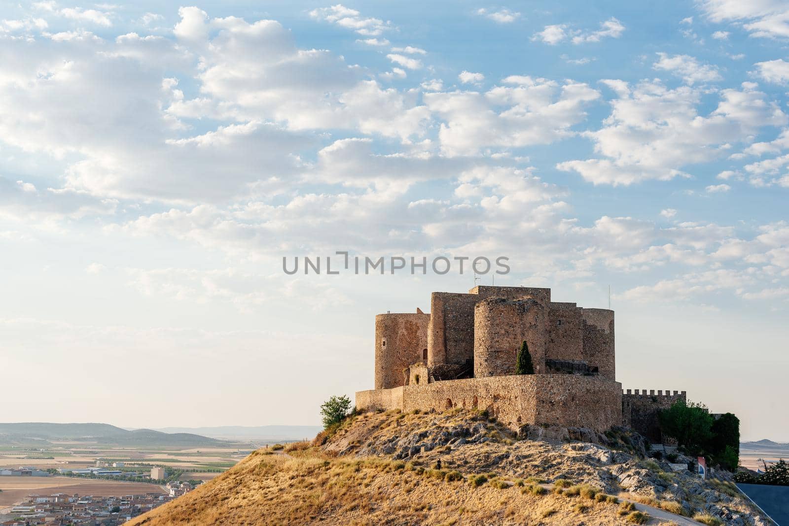 Photo with copy space of the panoramic view of the romanesque castle of Consuegra in Toledo, Spain