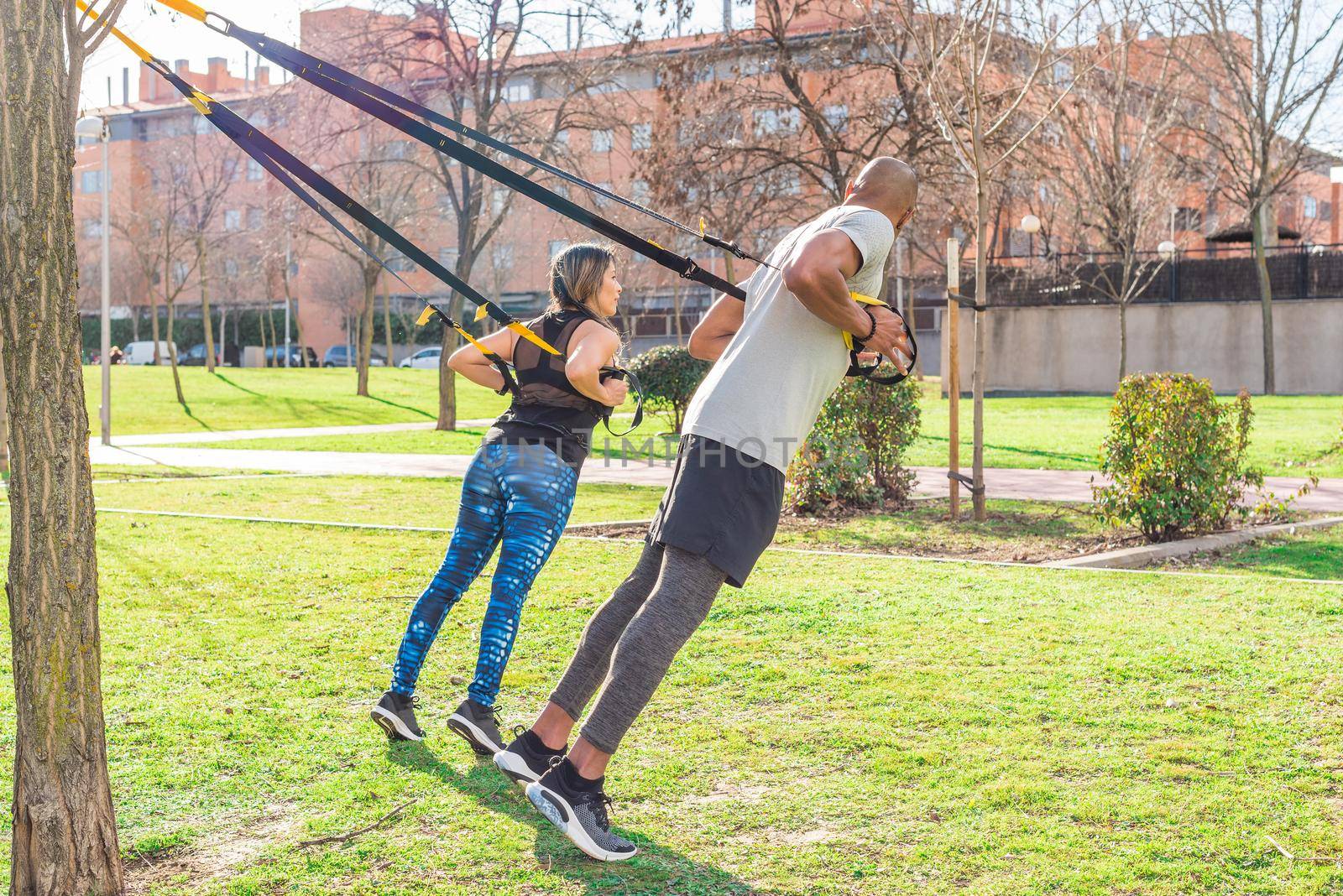 Athletic couple doing back exercise with trx fitness straps in park. Adult man and woman exercising outdoors.