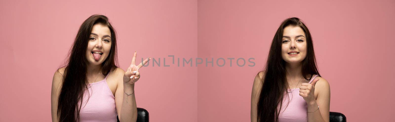 Set of two photos of beautiful brunette woman girl in a pink t-shirt with a OK gesture and peace gesture