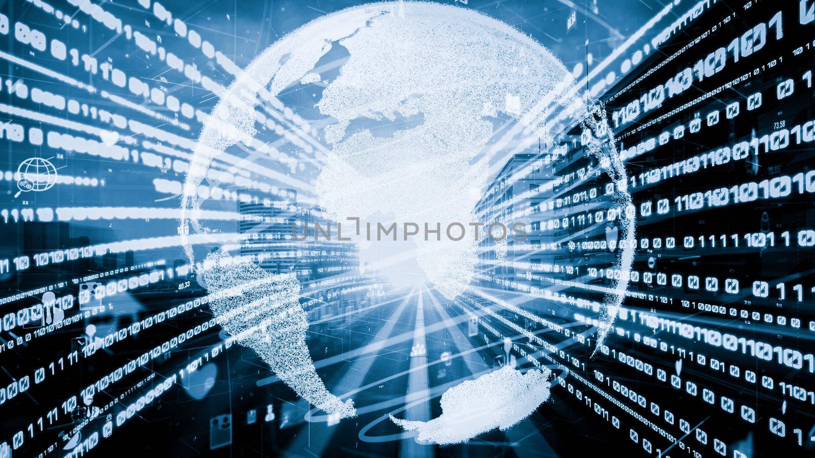 Futuristic global social media, people network and tacit digital data sharing . Concept of smart digital transformation and technology disruption that changes global trends in new information era .