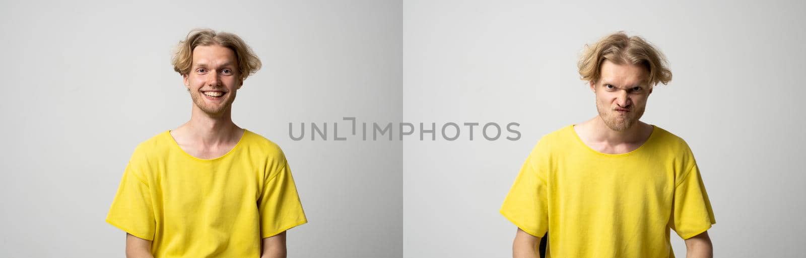Set of two photo of handsome man with different emotions and gestures isolated over white background. Sad, happy and angry
