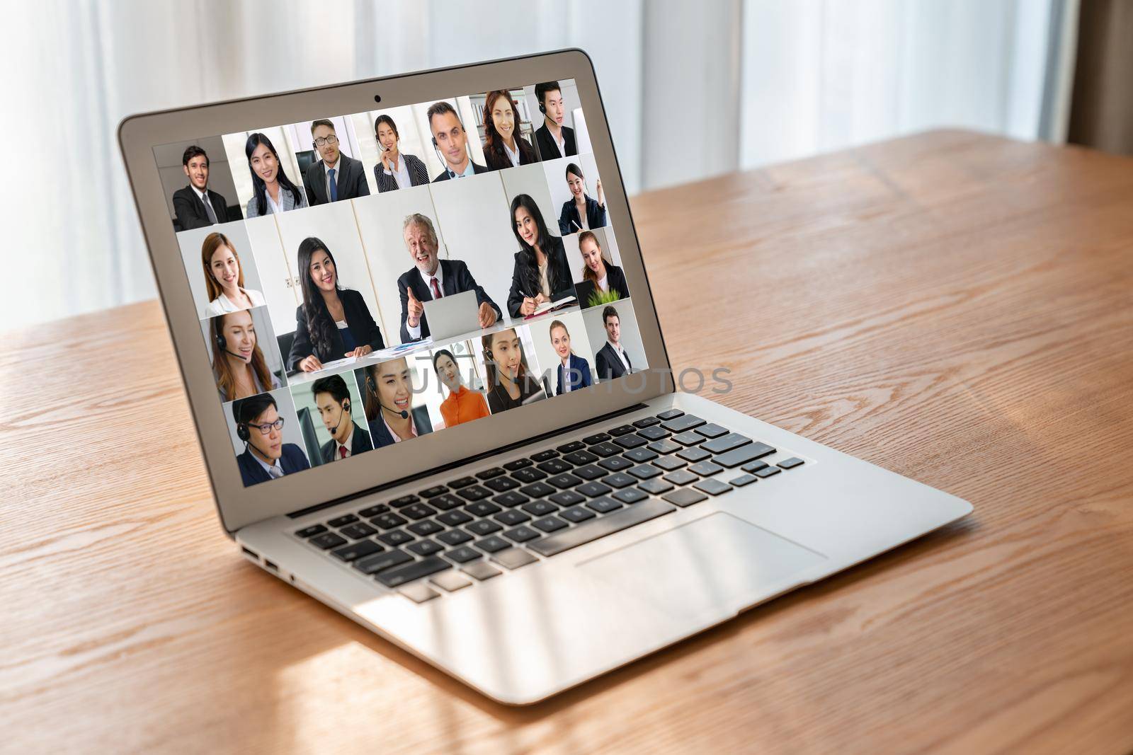 Business people on video conference for modish virtual group meeting by biancoblue