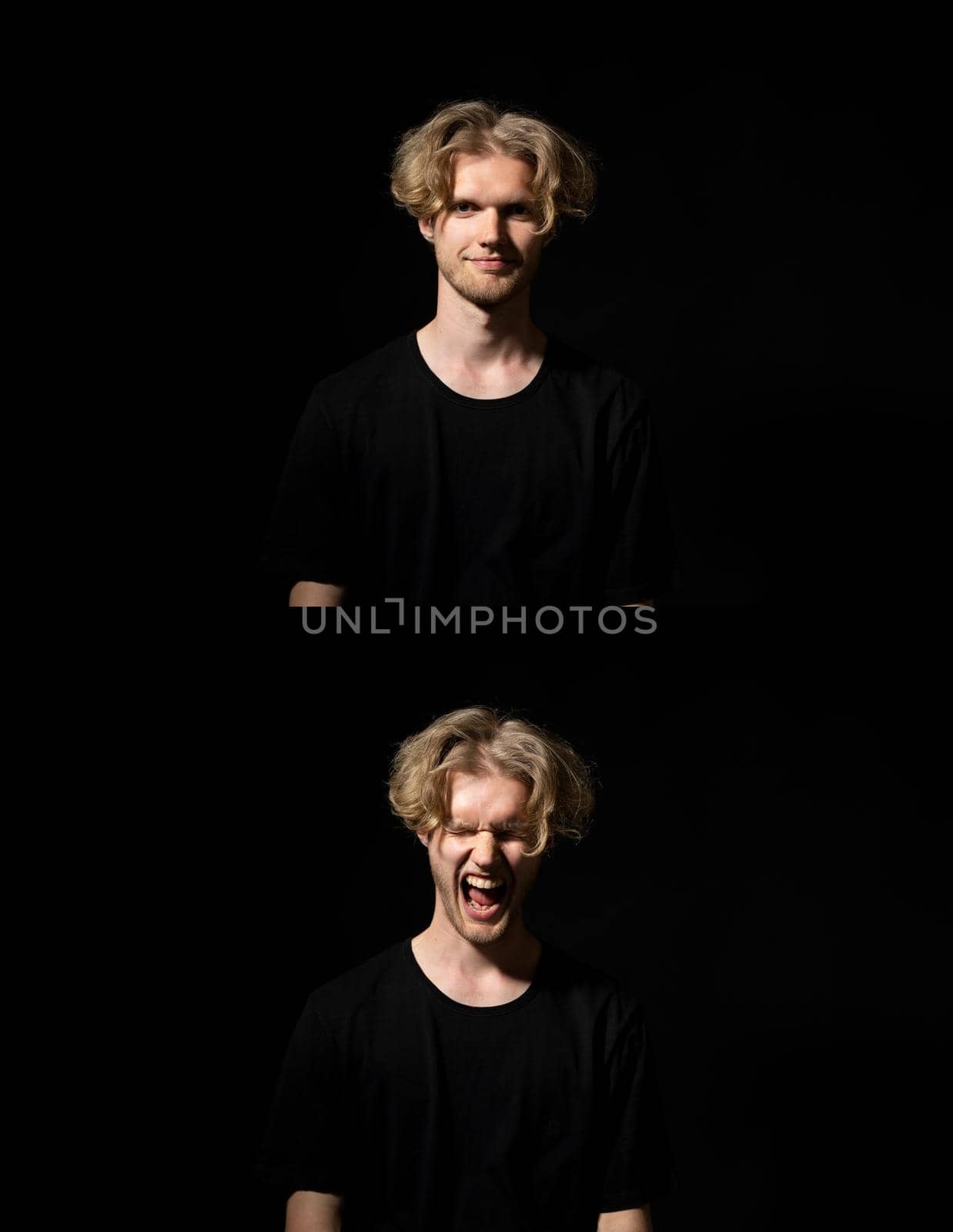Set of two photo of handsome man in black t-shirt with different emotions and gestures isolated over black background. Sad, happy and angry