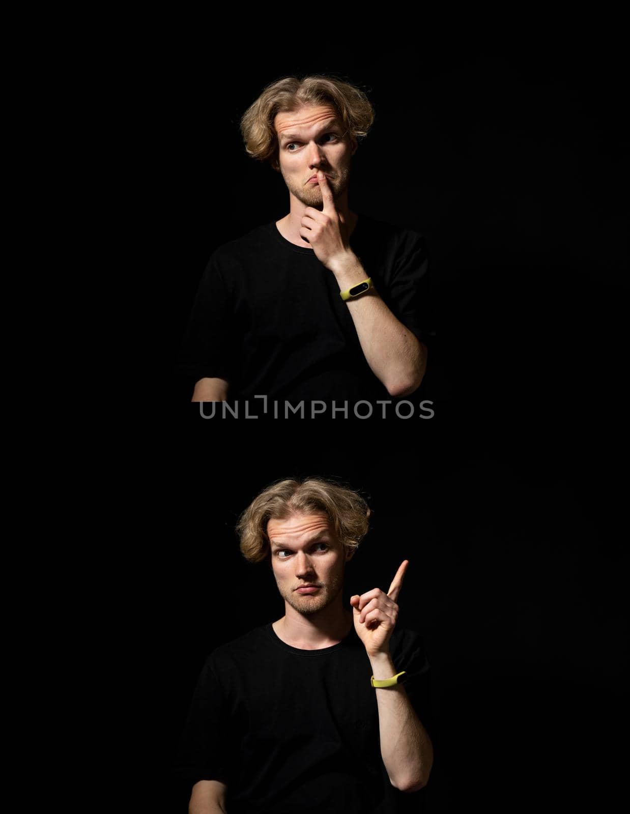 Set of two portraits of attractive cheerful man, student, thinking about problem solution and find a solution, a good idea, over black background. by vovsht