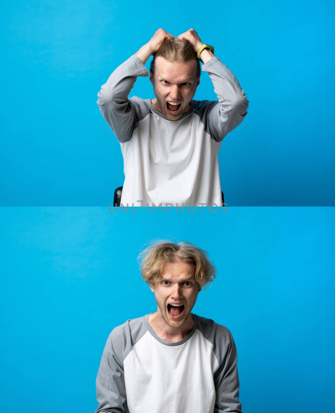 Screaming, hate, rage. Screaming emotional angry man screaming on white blue background. Human emotions, facial expression concept. by vovsht