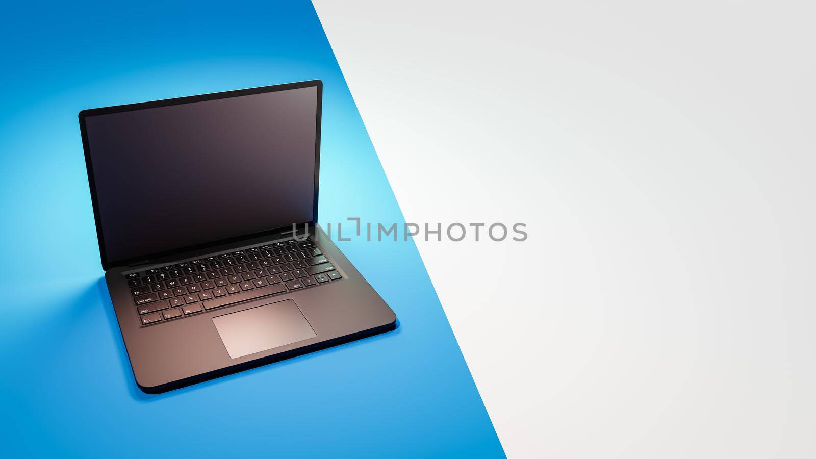 Black Laptop Computer on Duotone Background with Copy Space by make