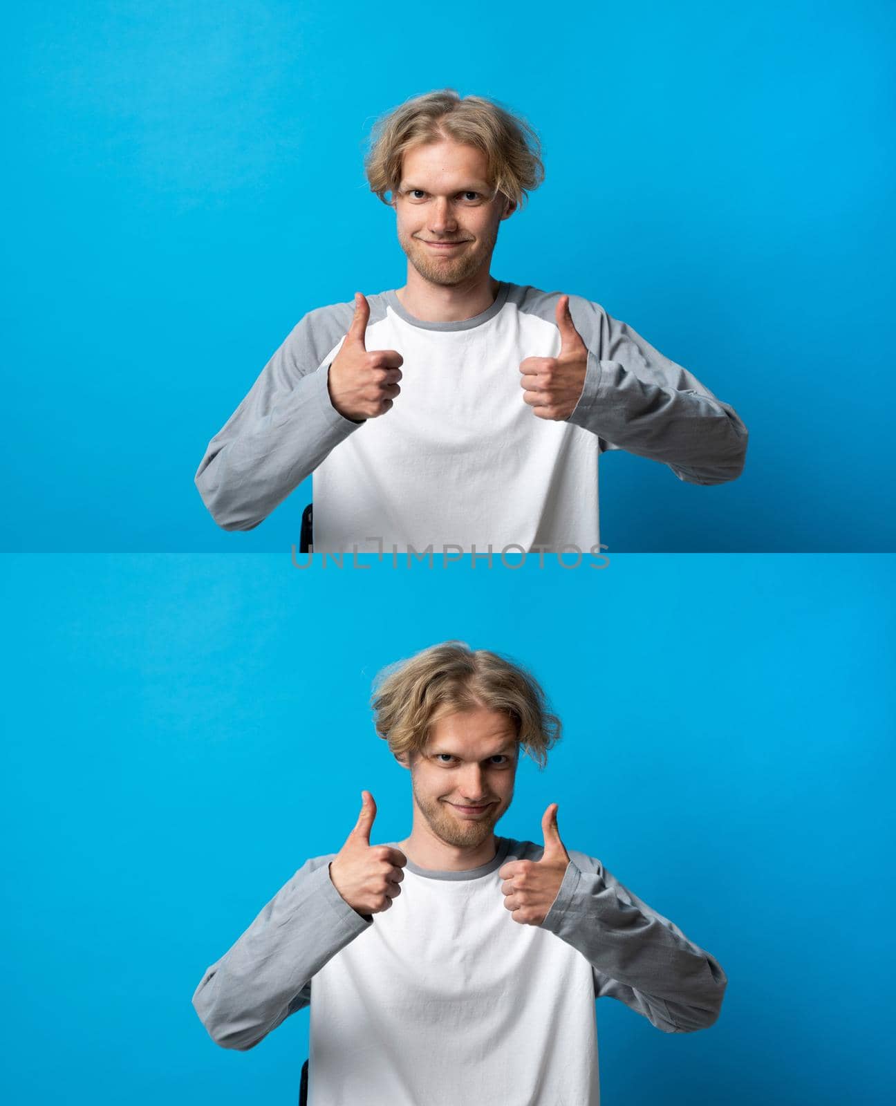Nice job man, like it. set of two photo pleased good-looking happy man showing thumbs up and smiling broadly, giving positive feedback, sharing his positive opinion over blue wall. by vovsht
