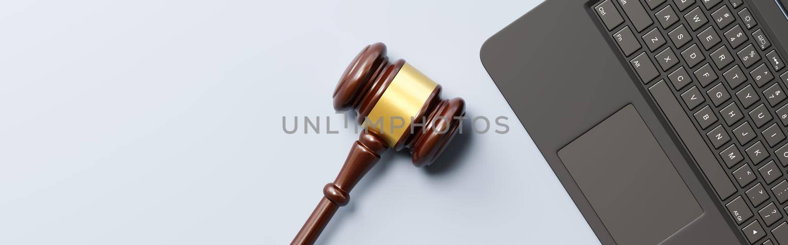 Judge's Gavel and Laptop Computer on Gray Background with Copy Space 3D Render Illustration, Digital Rights Concept