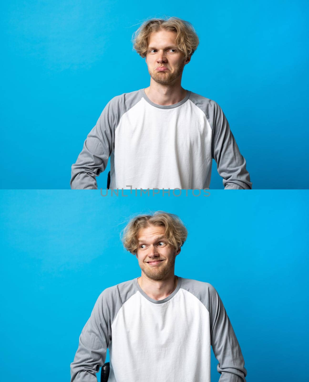 Set of young man's portraits with different happy and sad emotions. Collage with two different emotions