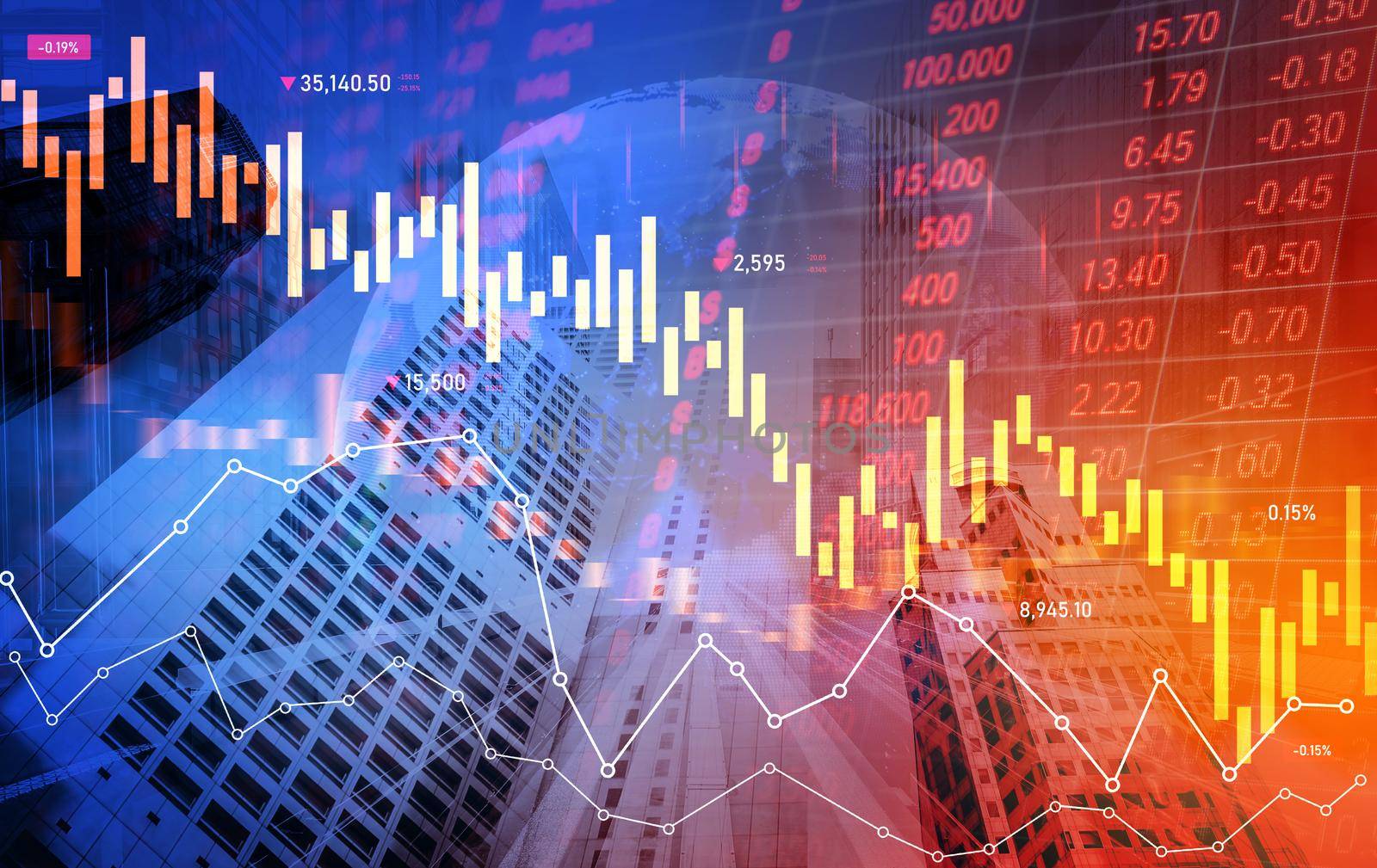 The digital indicators and declining graphs of a stock market crash overlap the backdrop of a modernistic city. Concept of a market crash in double exposure.