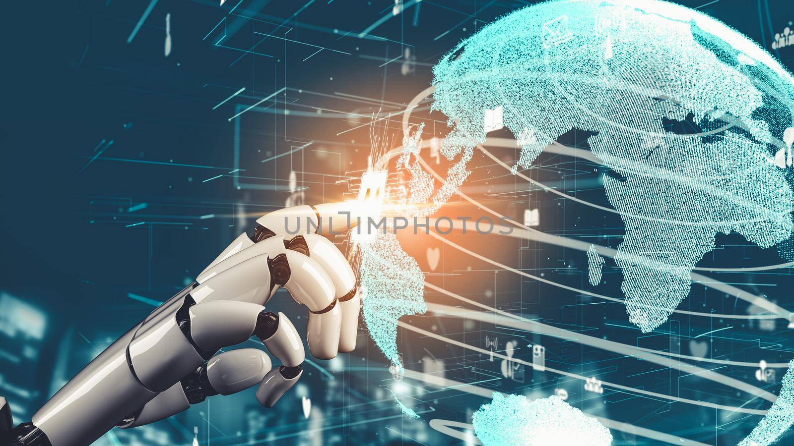 Futuristic robot artificial intelligence revolutionary AI technology development and machine learning concept. Global robotic bionic science research for future of human life. 3D rendering graphic.