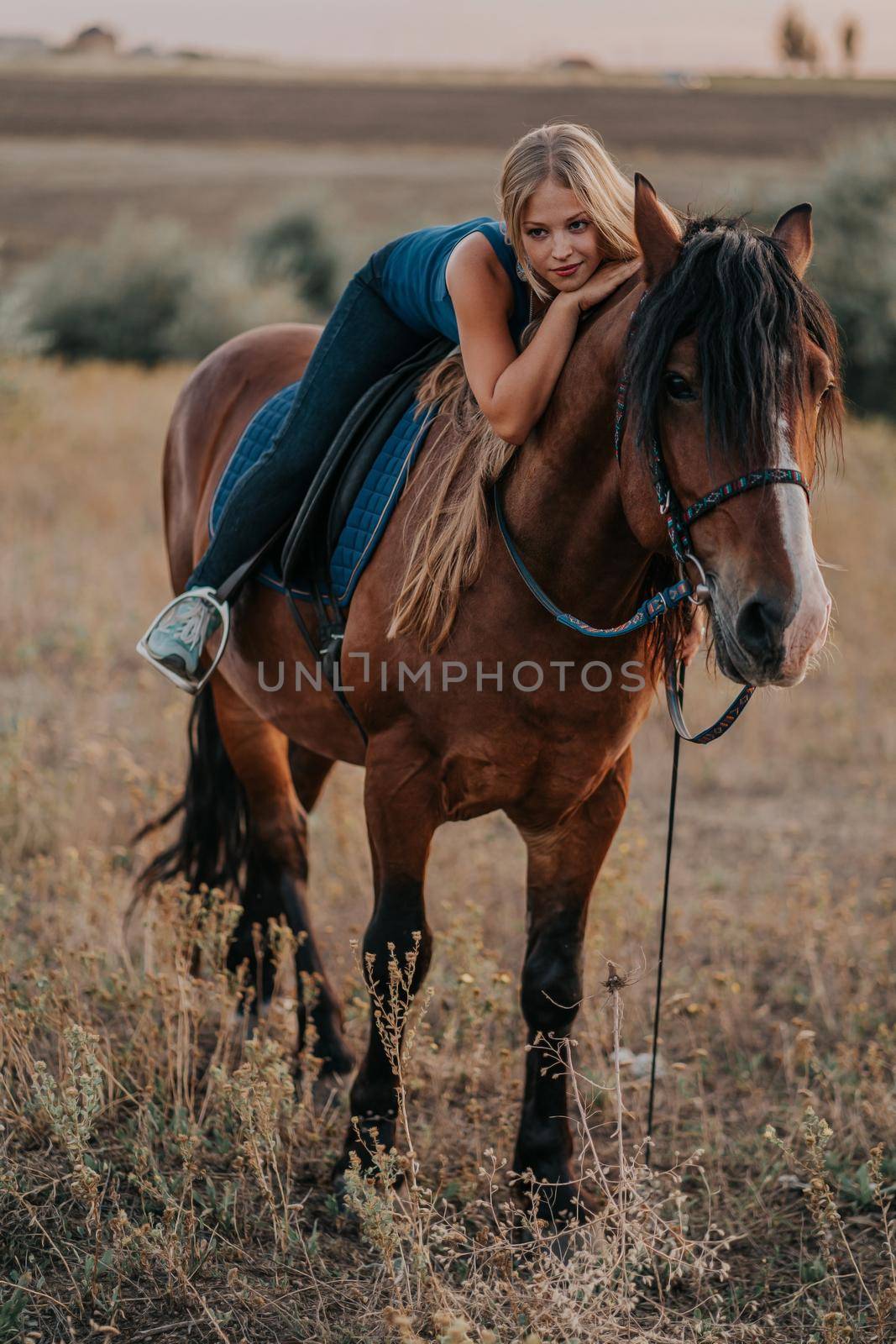 Pretty woman riding dark horse on field in fall. Concept of farm animals, training, horse racing, nature. High quality photo