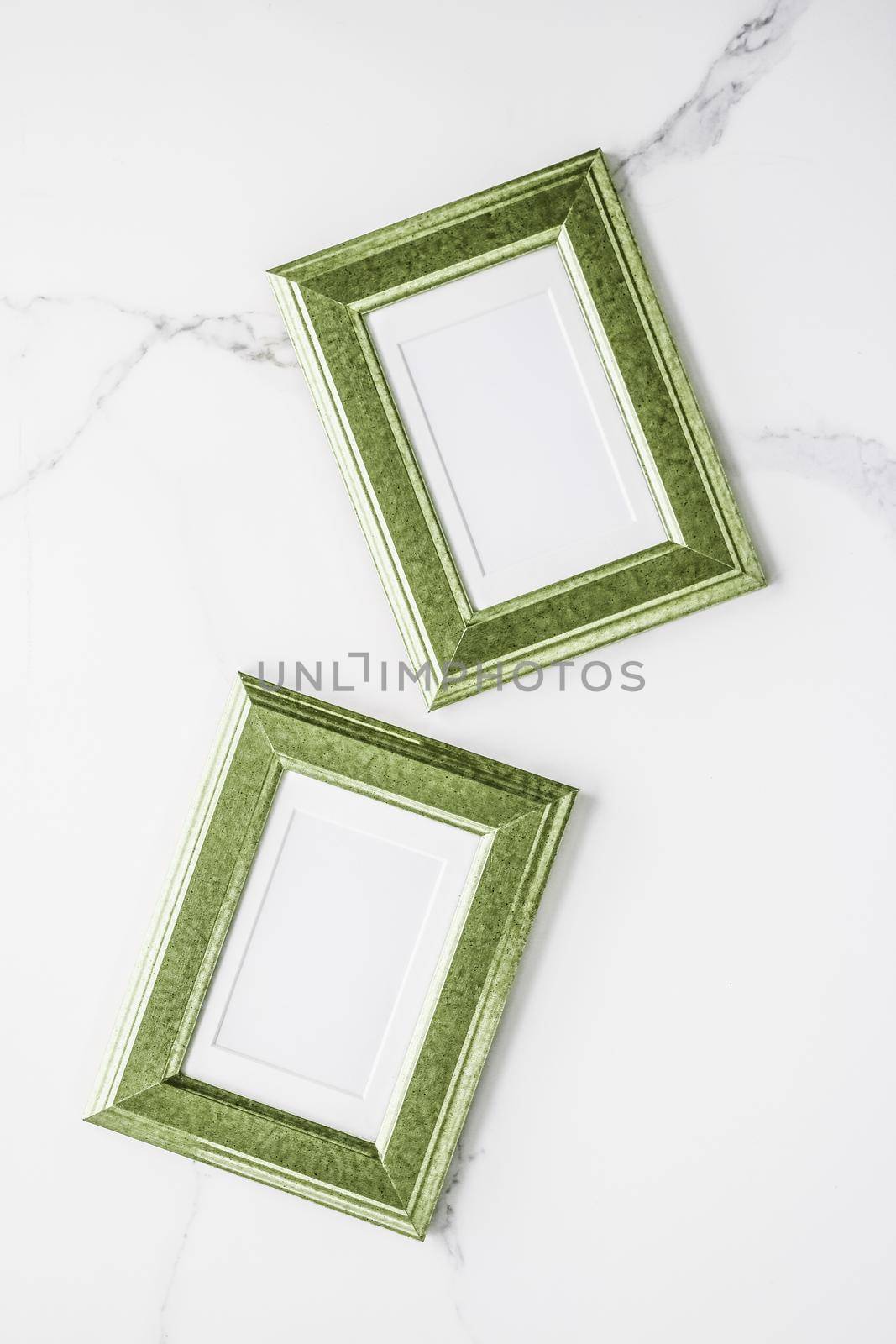 Modern feminine, artwork mock up, luxury design concept. Decorate with chic and style - Green photo frame on marble, flatlay