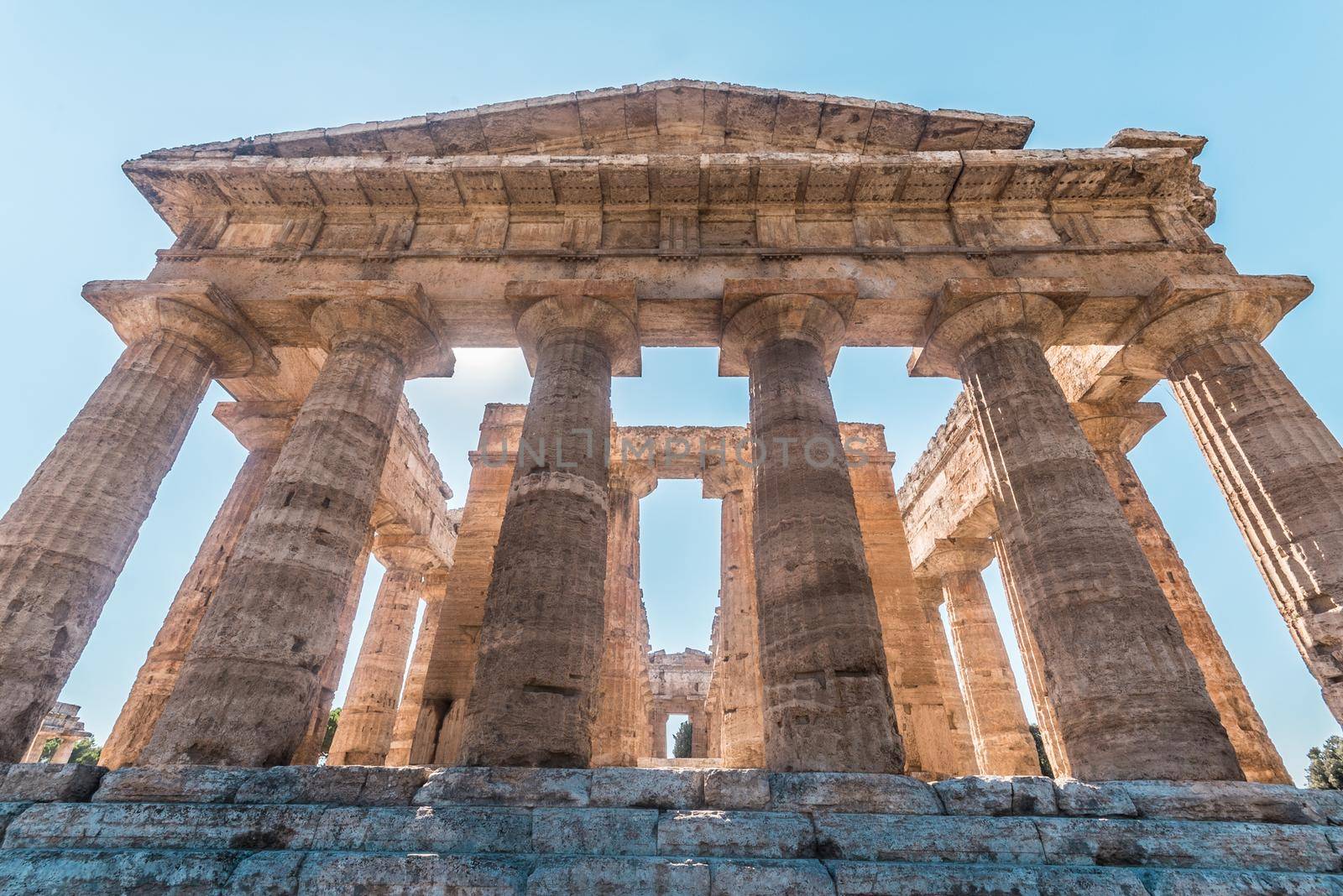 View of the Temple of Hera II at the Greco-Roman archaeological site of Paestum, Italy.