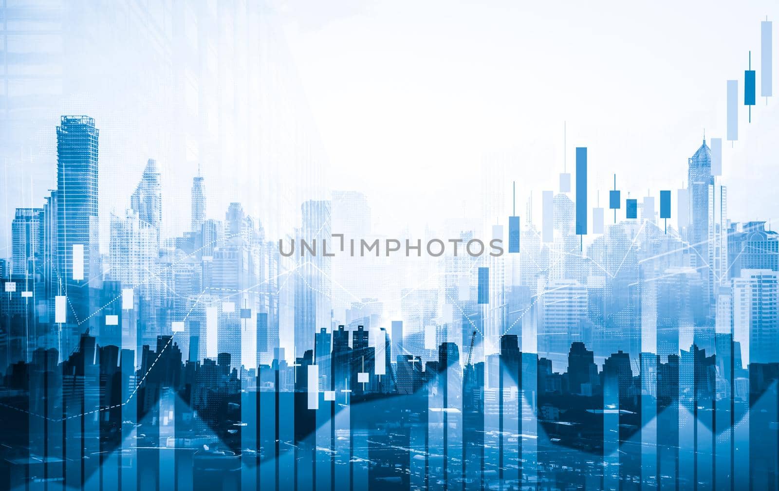 Financial graphs overlap with modernistic urban area for business concept. by biancoblue
