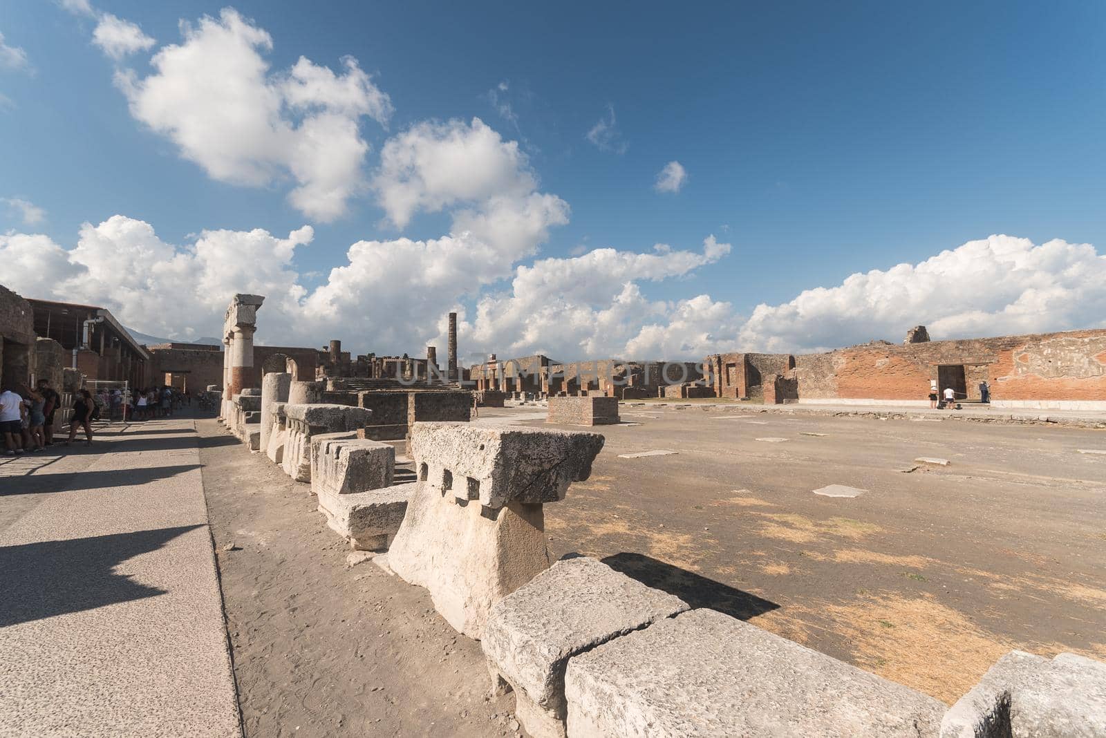 View of the forum of the Roman archaeological site of Pompeii, in Italy.