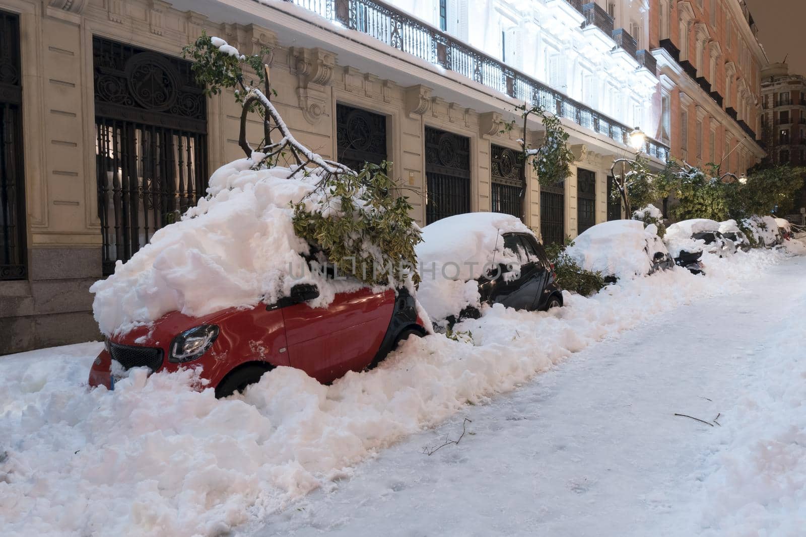 City after a great snowfall, Madrid, Filomena storm.