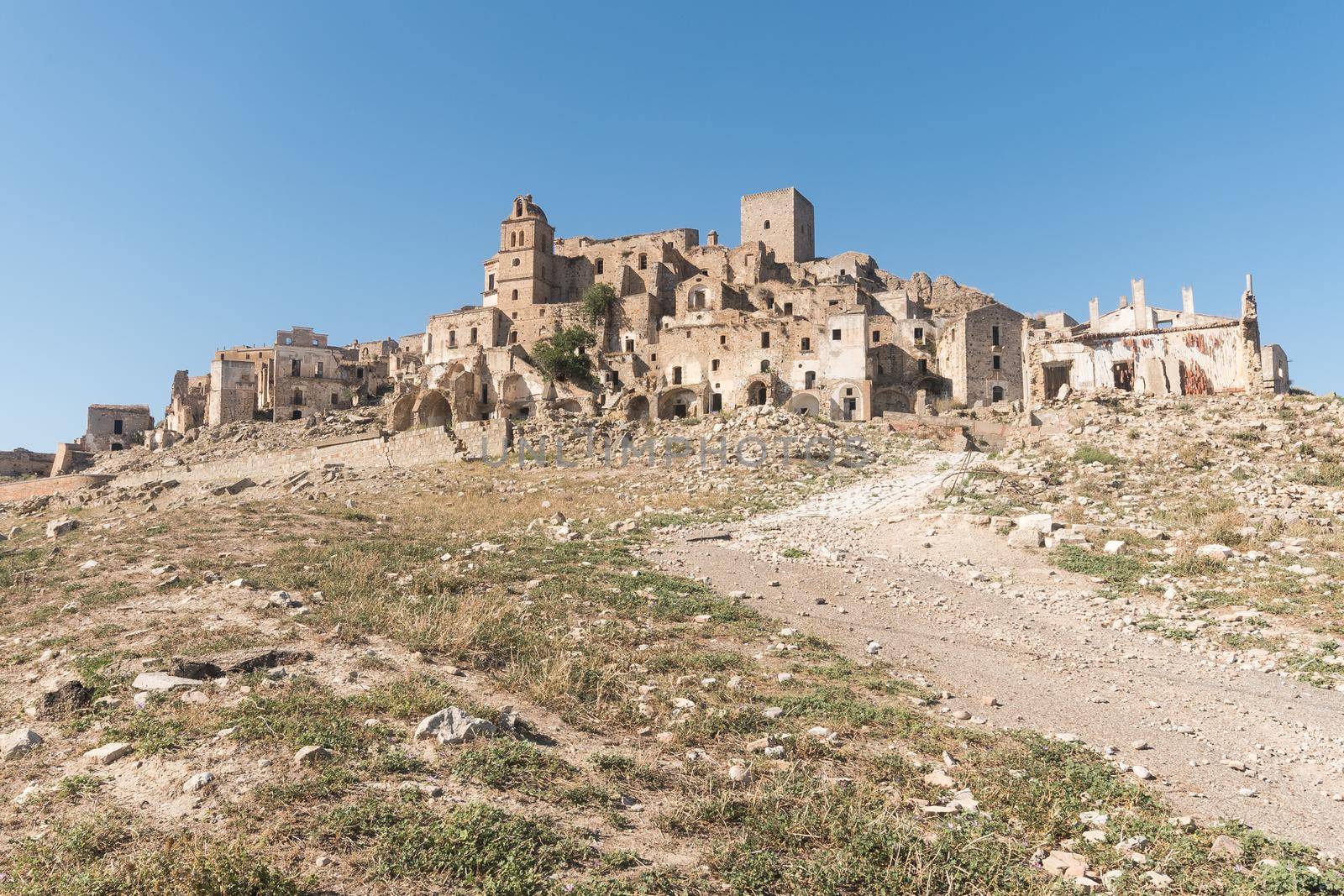 General shot of a mysterious ghost town. Craco, Italy.