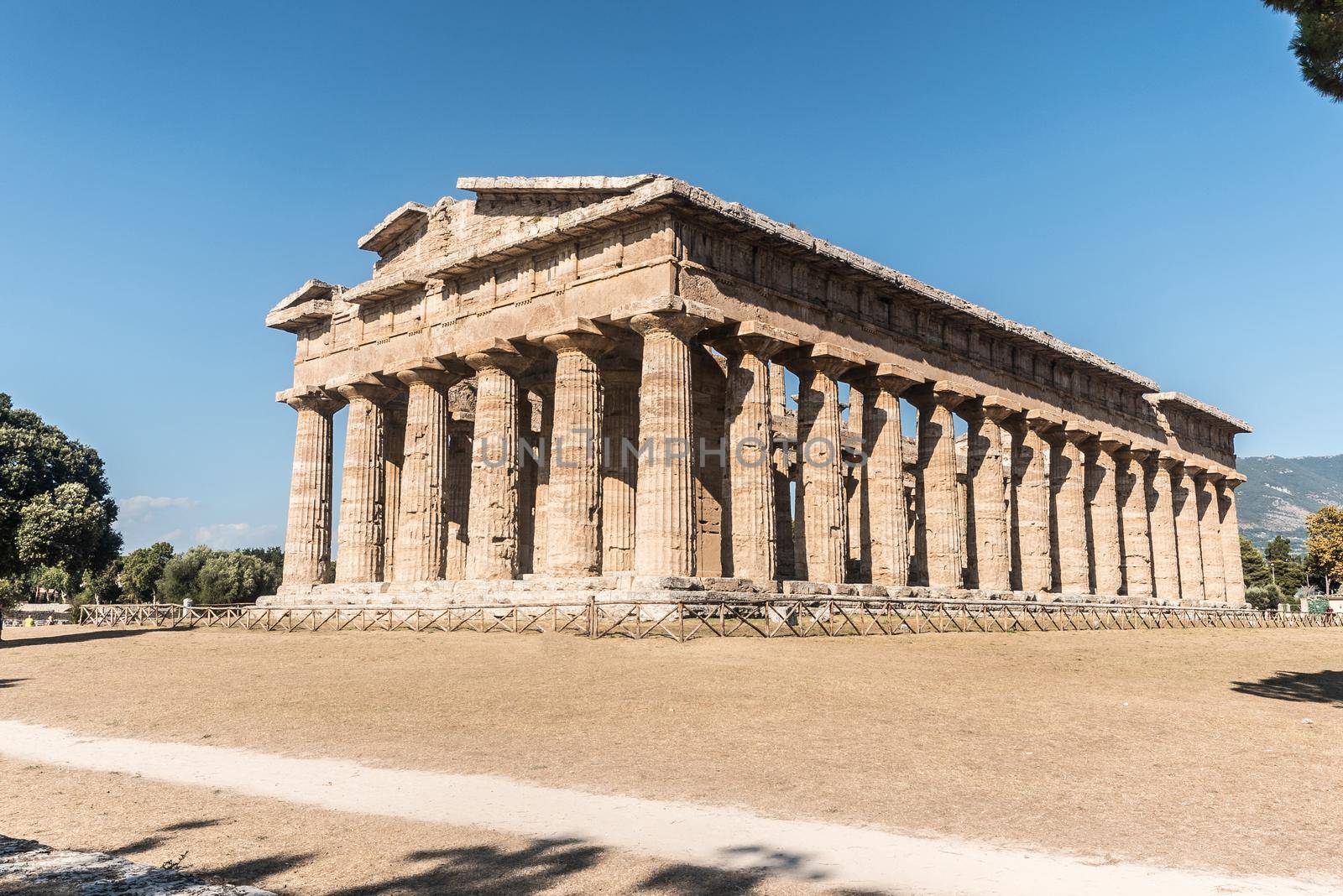 View of the Temple of Hera II at the Greco-Roman archaeological site of Paestum, Italy.