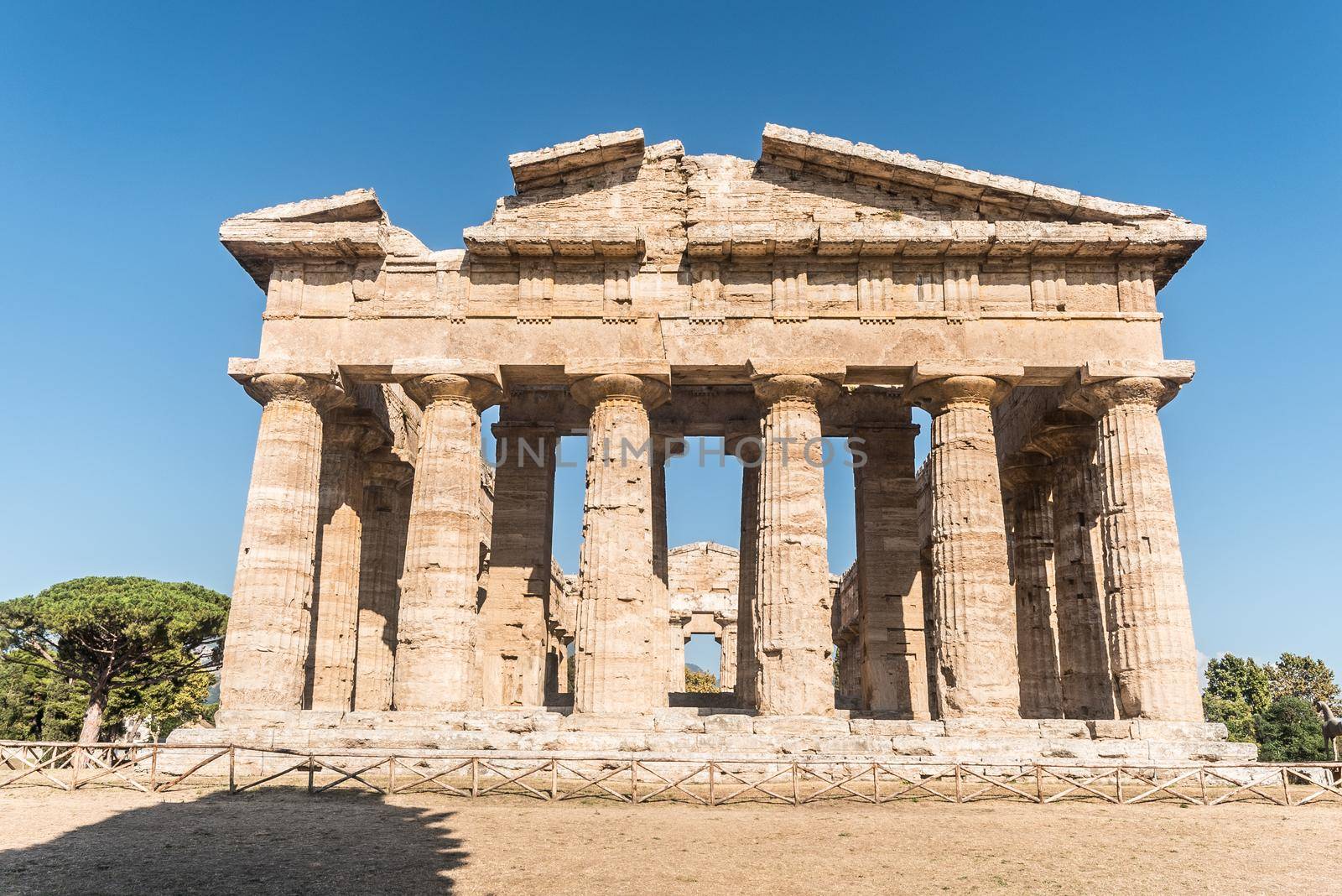 View of the Temple of Hera II at the Greco-Roman archaeological site of Paestum, Italy.