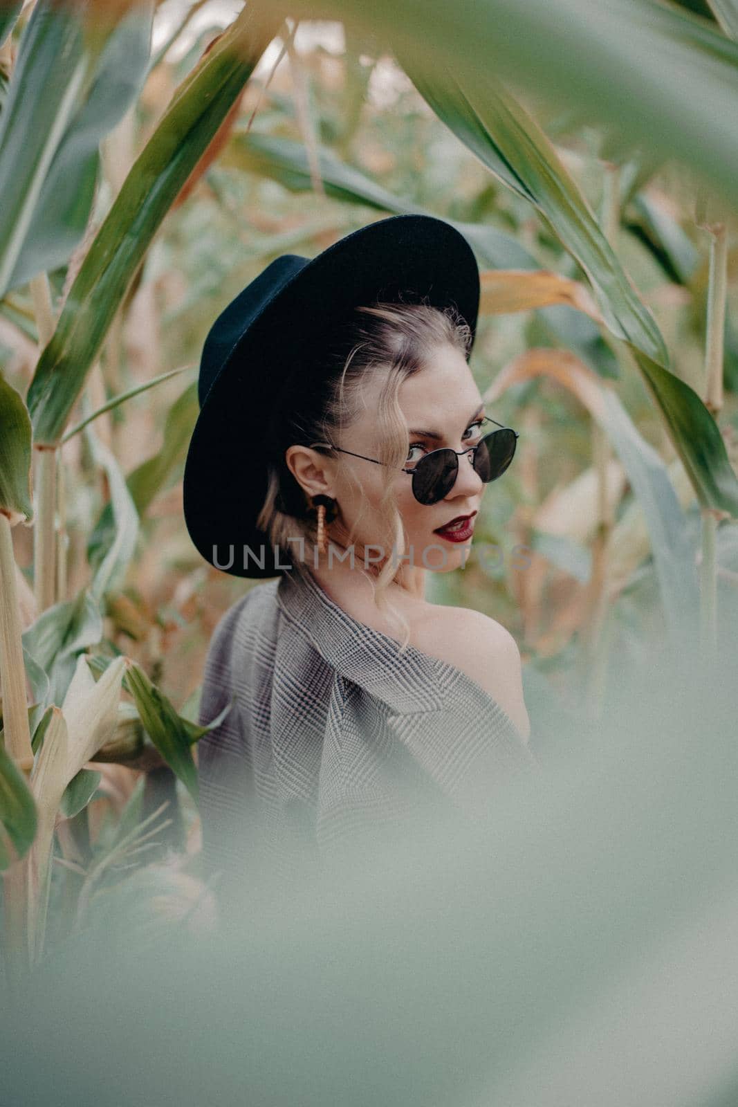 Trendy woman in plaid blazer and hipster hat at corn background. Fashion girl portrait with black sunglasses posing on natural landscape. High quality photo