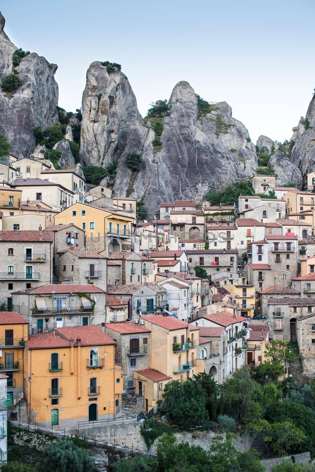 View of a beautiful and picturesque town between mountains. Castelmezzano, Italy.