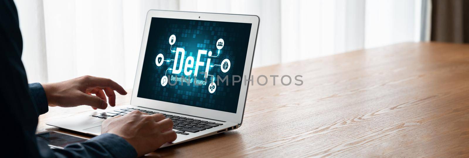 Decentralized finance or DeFi concept on modish computer screen . The defi system give new choice of investment and money saving .