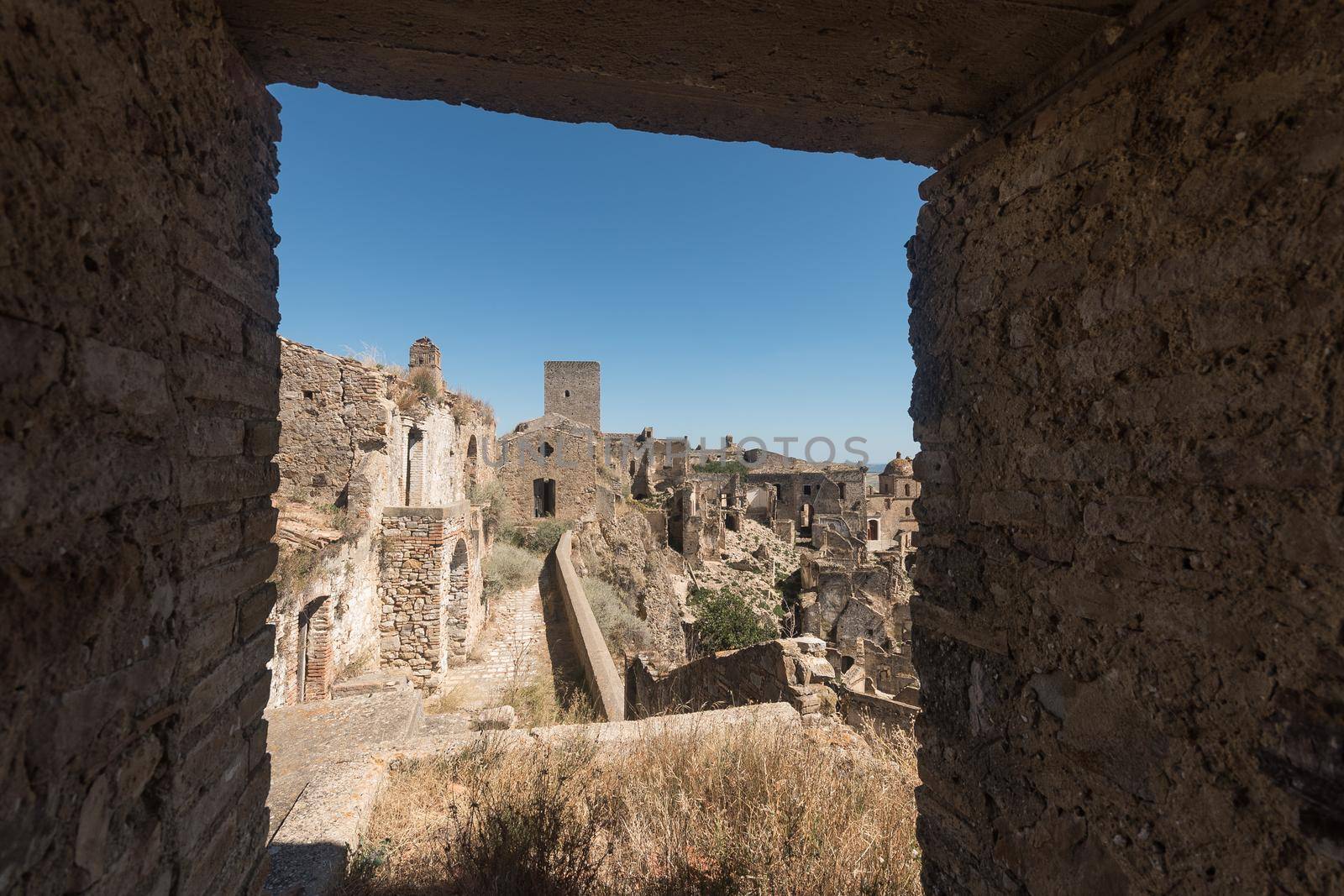 General shot of a mysterious ghost town. Craco, Italy.