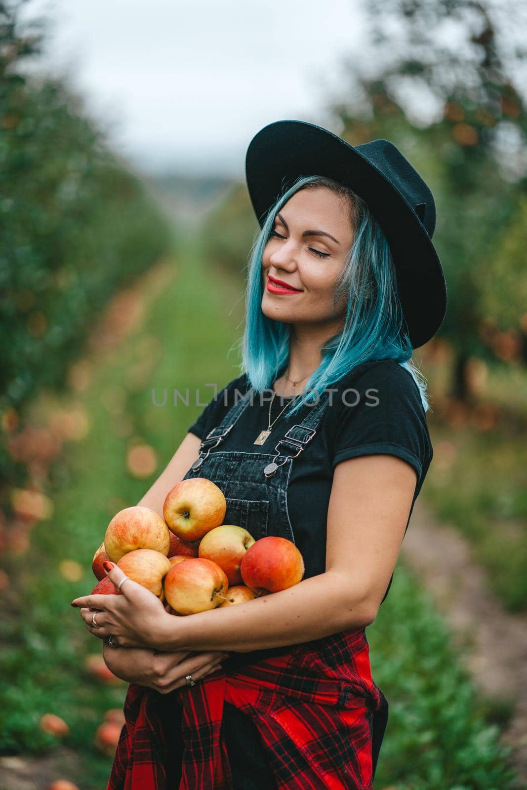 Blue haired woman picked up a lot of ripe red apple fruits from tree in green garden. Organic lifestyle, agriculture, gardener occupation. High quality FullHD footage