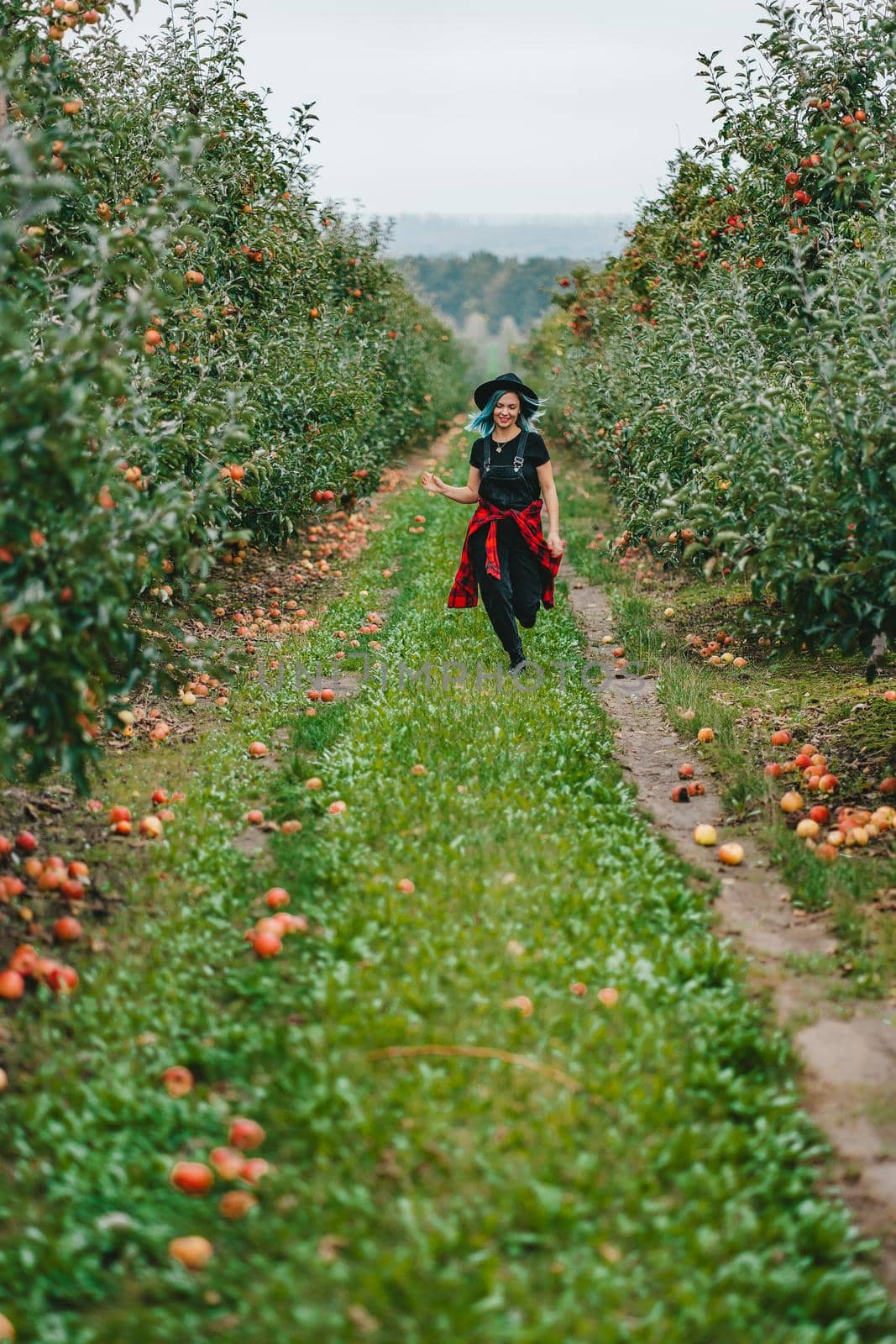 Pretty unusual woman with blue dyed hair walking alone between trees in apple garden at autumn season. Girl goes ahead away from camera. Organic, nature concept by kristina_kokhanova