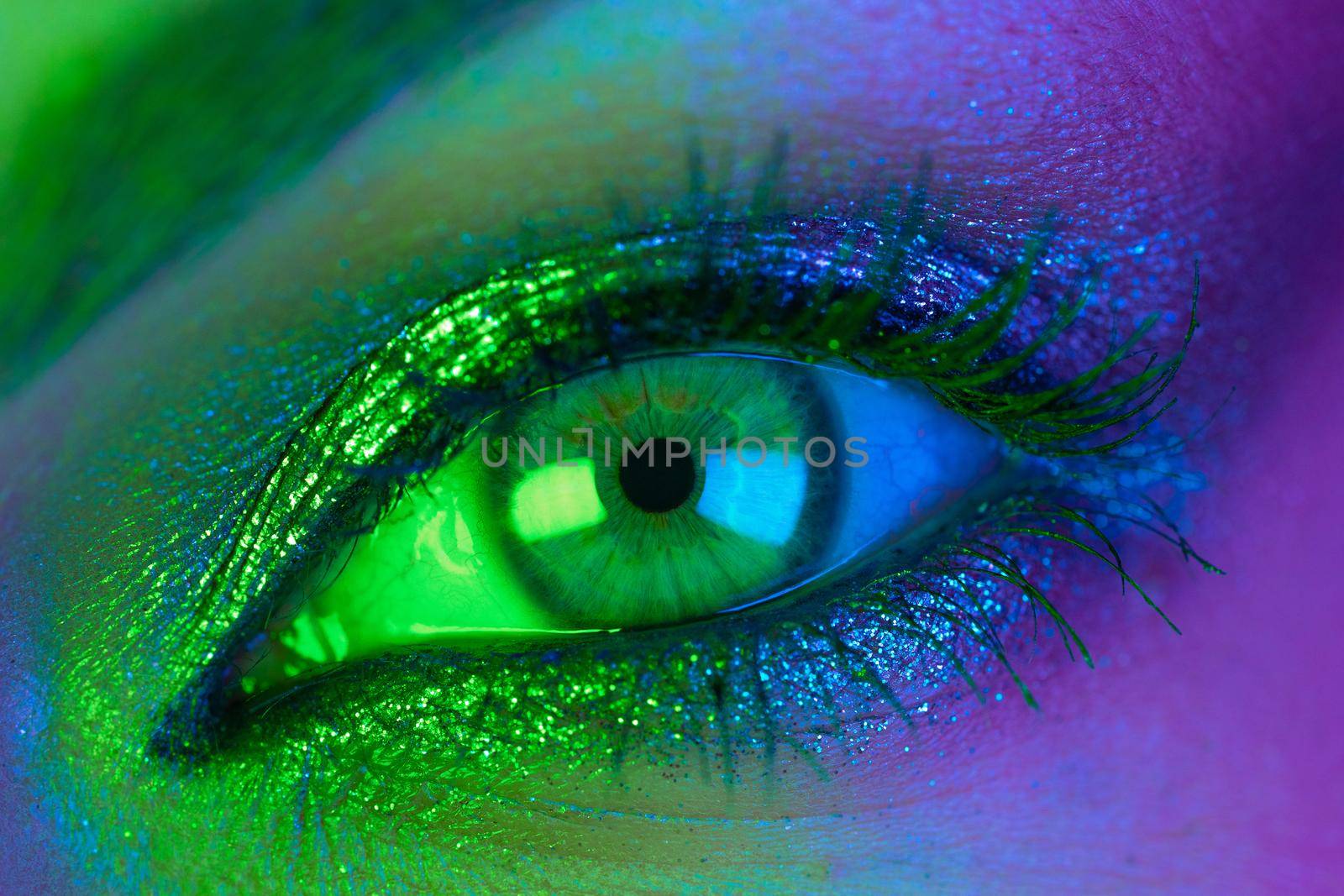 Extreme close up of female eye iris under neon light. Woman with beautiful makeup, glitter shadows and false lashes. Girls green eye. Nightlife, night club concept. High quality photo