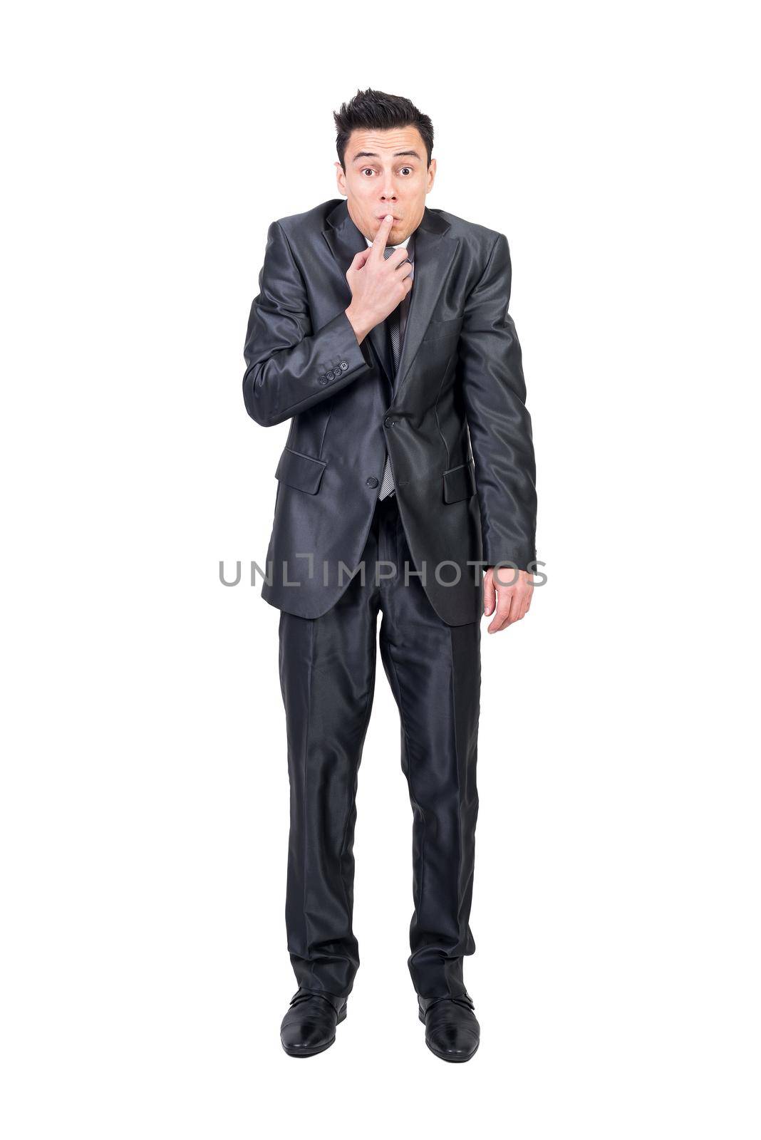 Hiding man in elegant suit. White background. by ivanmoreno