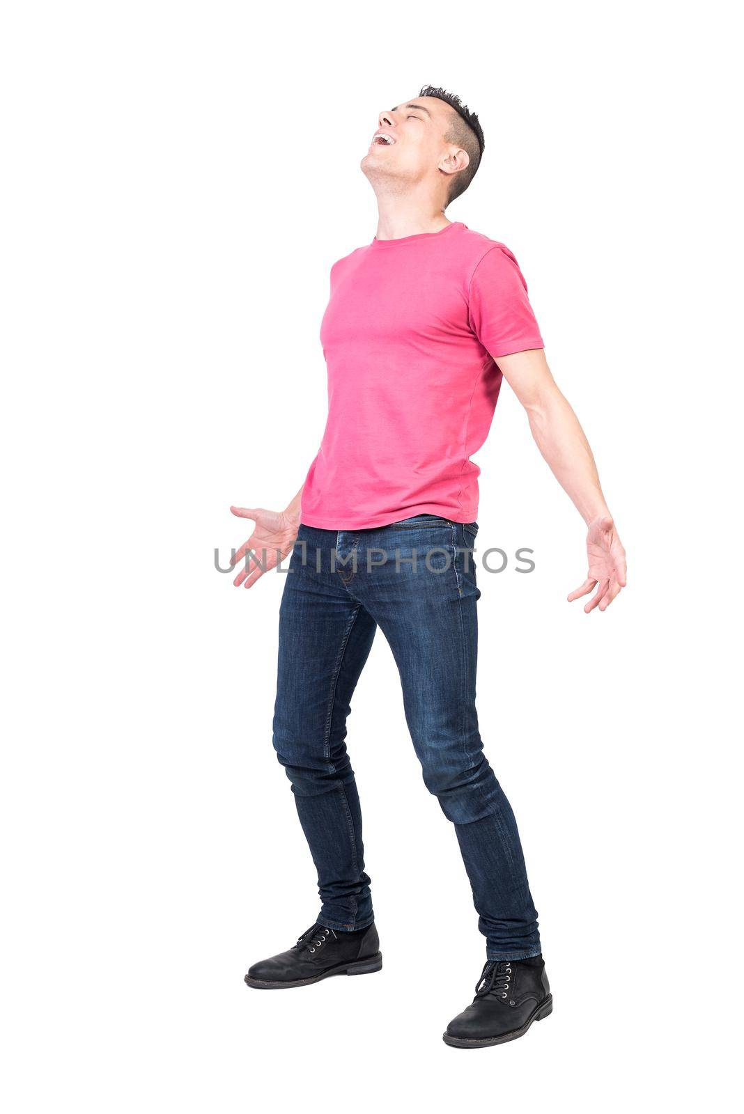 Full body of satisfied and relieved male model exhaling with mouth opened and closed eyes on white background