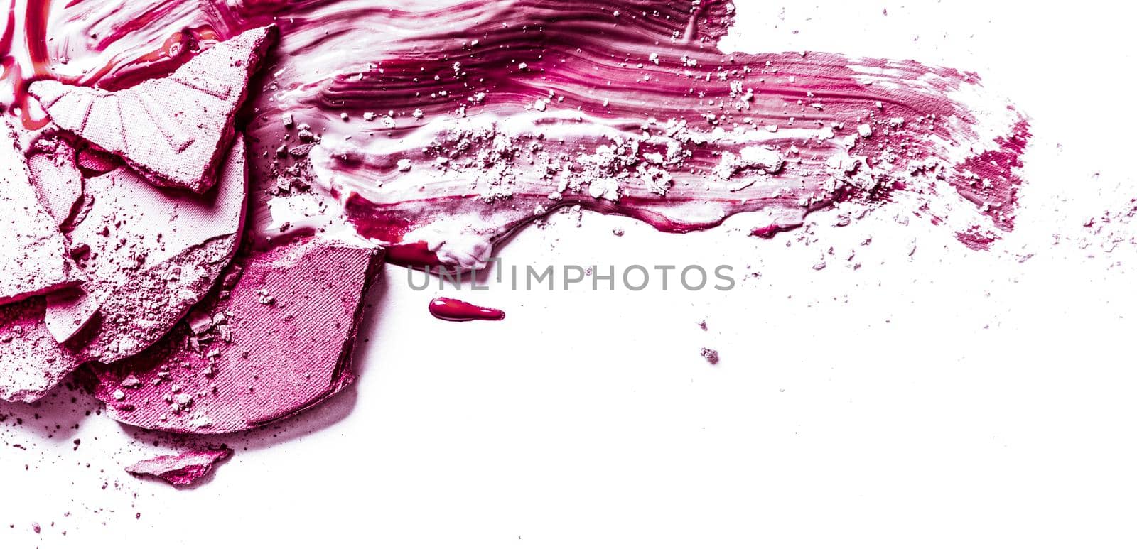 Beauty texture, cosmetic product and art of make-up concept - Crushed eyeshadow, powder and liquid foundation close-up isolated on white background