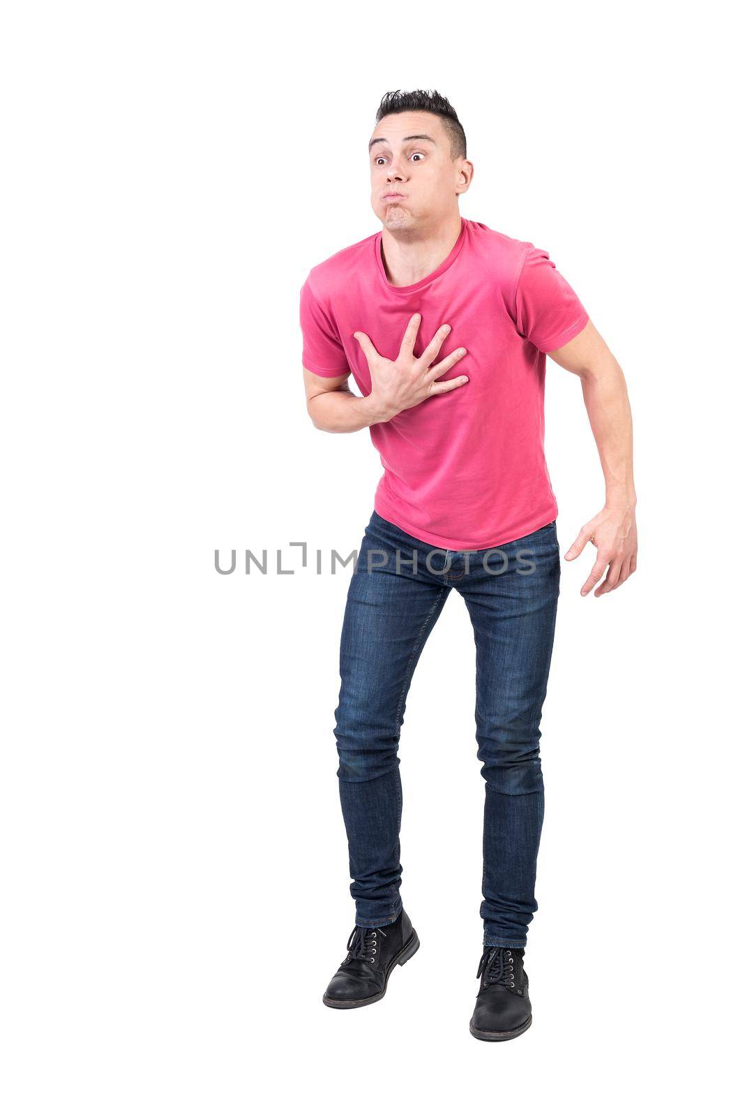 Full body of sick man in casual wear feeling nauseous and preparing to vomit while suffering isolated on white background in light studio