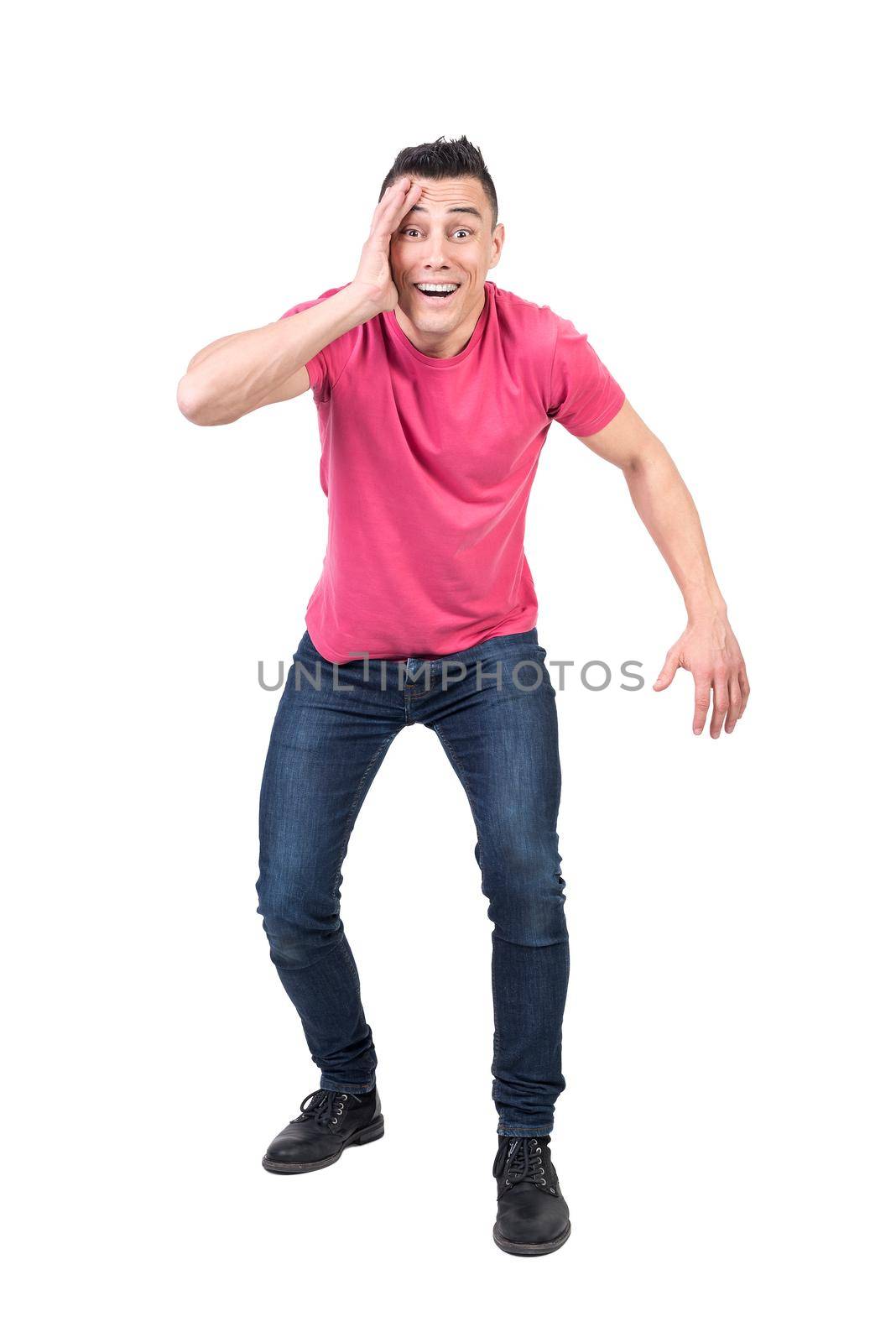 Full body of shocked male with hand in face looking at camera with amazed face isolated on white background in studio