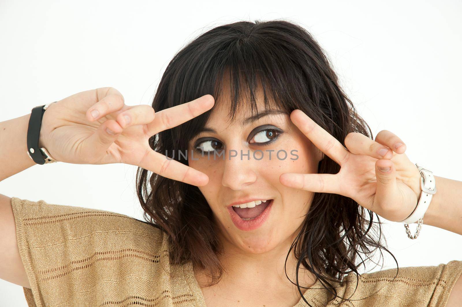 Pretty brunette and funny girl, on white background, close up