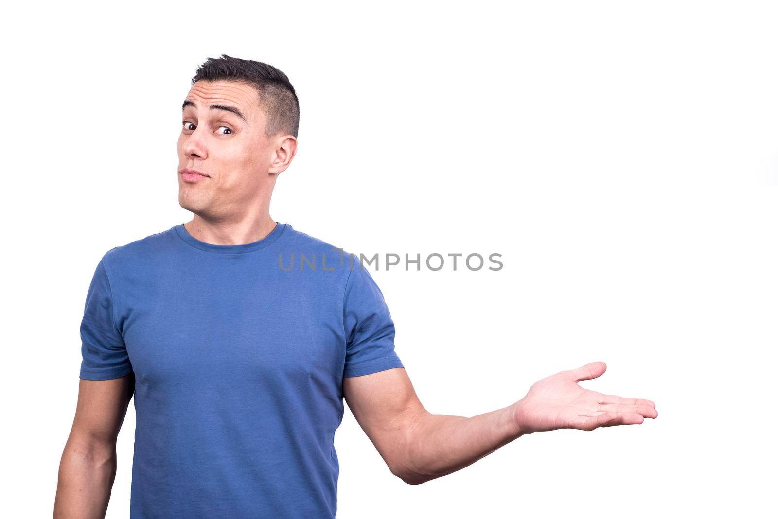 Studio portrait with white background of a man showing with a gesture and expression of interest