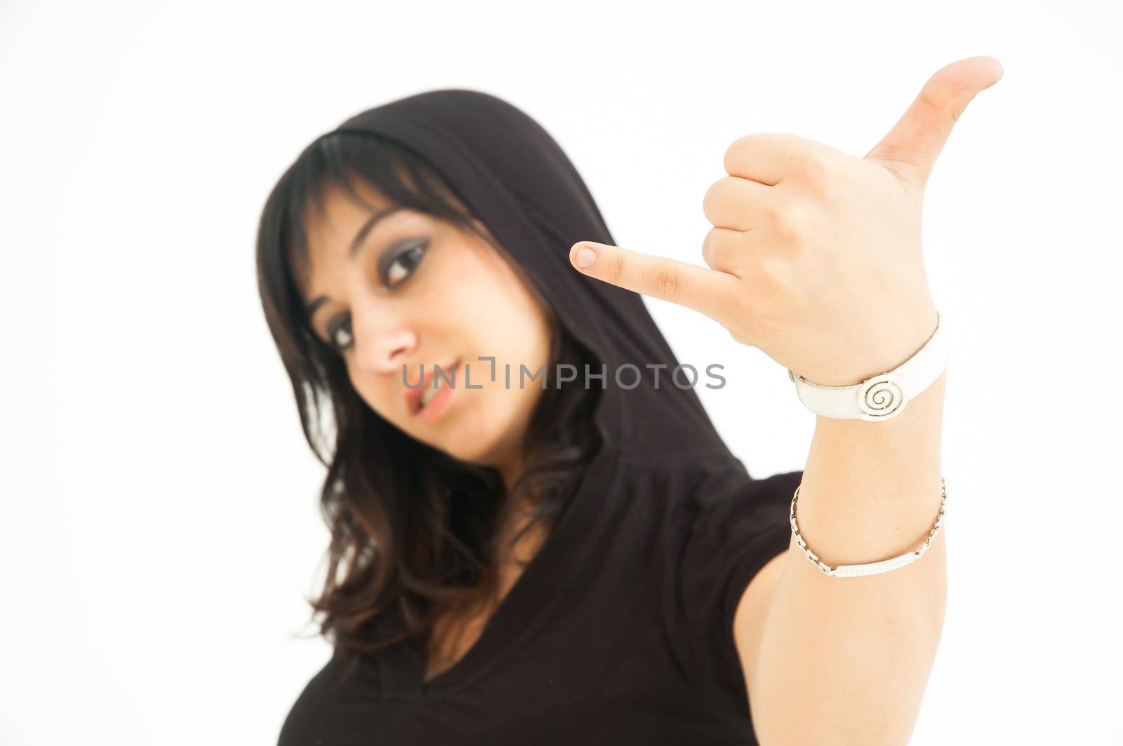 Modern pretty, on white background Modern pretty brunette girl with hood, on white background, close up
