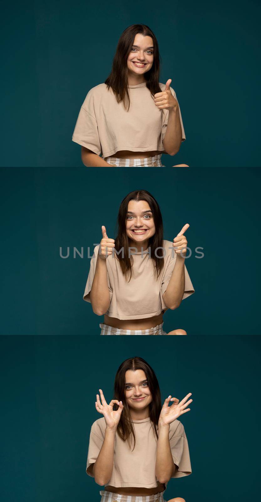 Set of tree photos cheerful young brunette woman showing a gestures thumb up and thumb down on cyan color background. Like and unlike gesture. Vertical photo. by vovsht