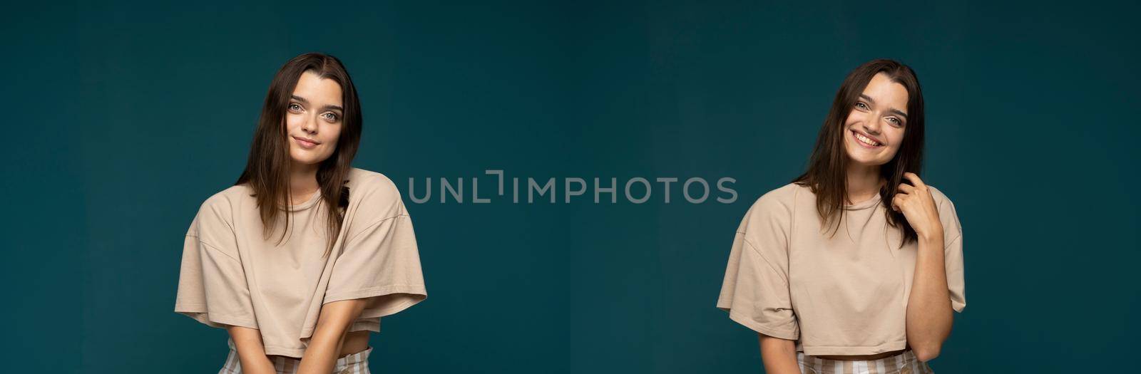 Collage of happy emotions. Set of two portraits with positive emotions of young brunette girl in beige oversized t-shirt on cyan background. Young woman grimacing on camera