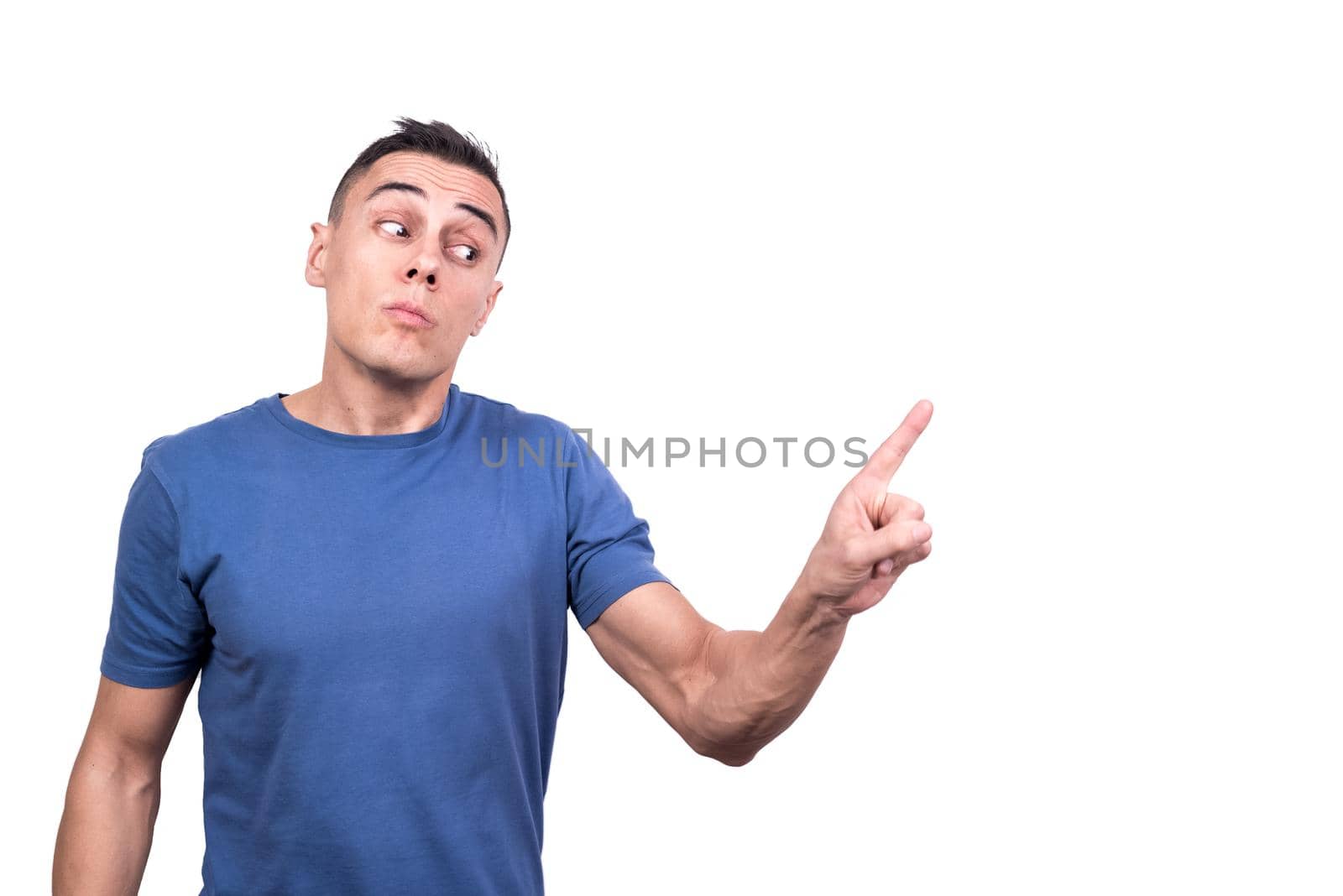 Studio portrait with white background of a man warning and gesturing no with the finger