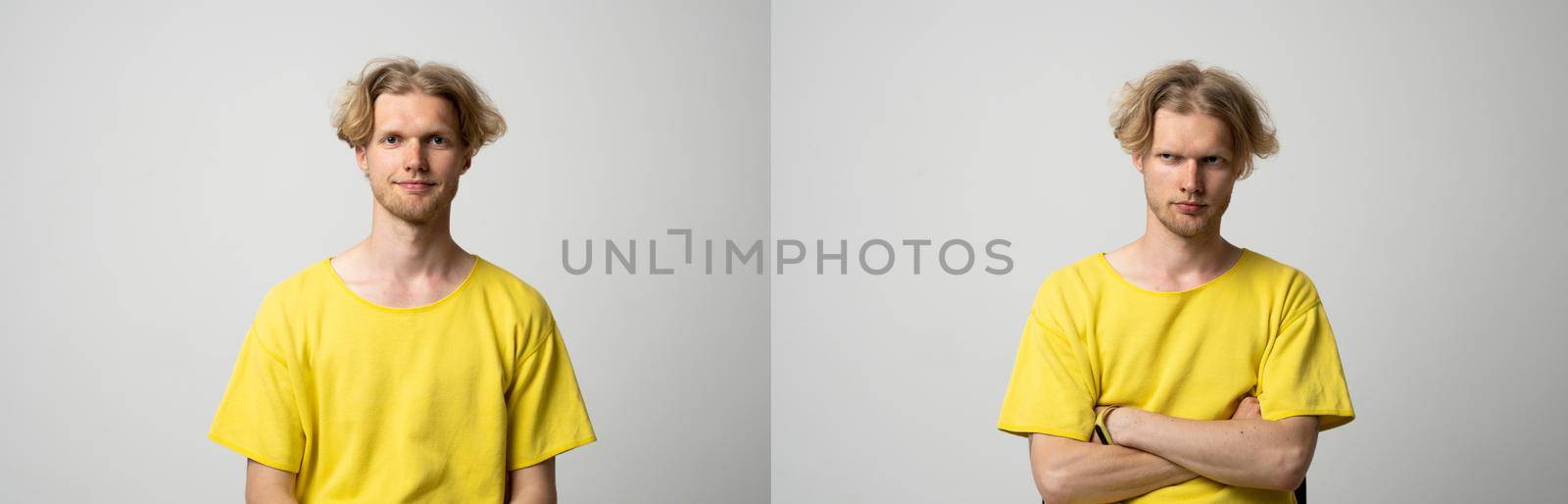 Collage with two different emotions of young man in yellow t-shirt on white background. Happy and sad. by vovsht