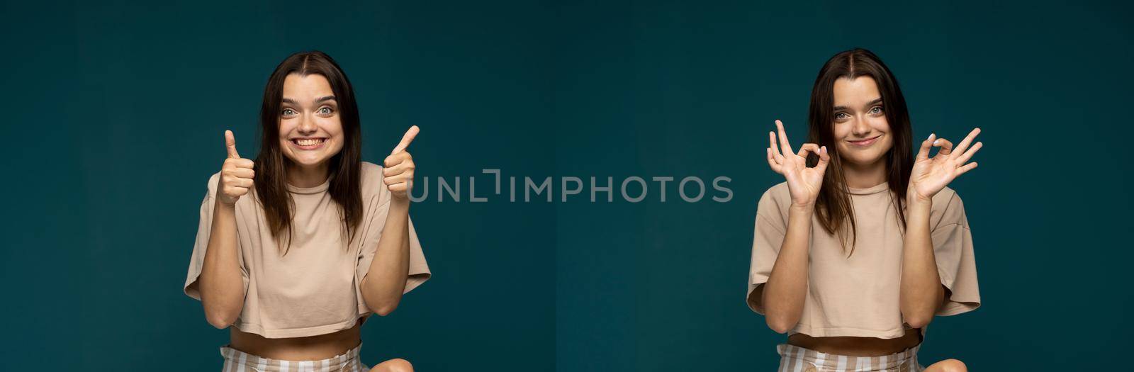 Set of two photos cheerful young happy brunette woman in a beige t-shirt showing a gestures thumb up and OK on cyan color background. Like gesture. Collage