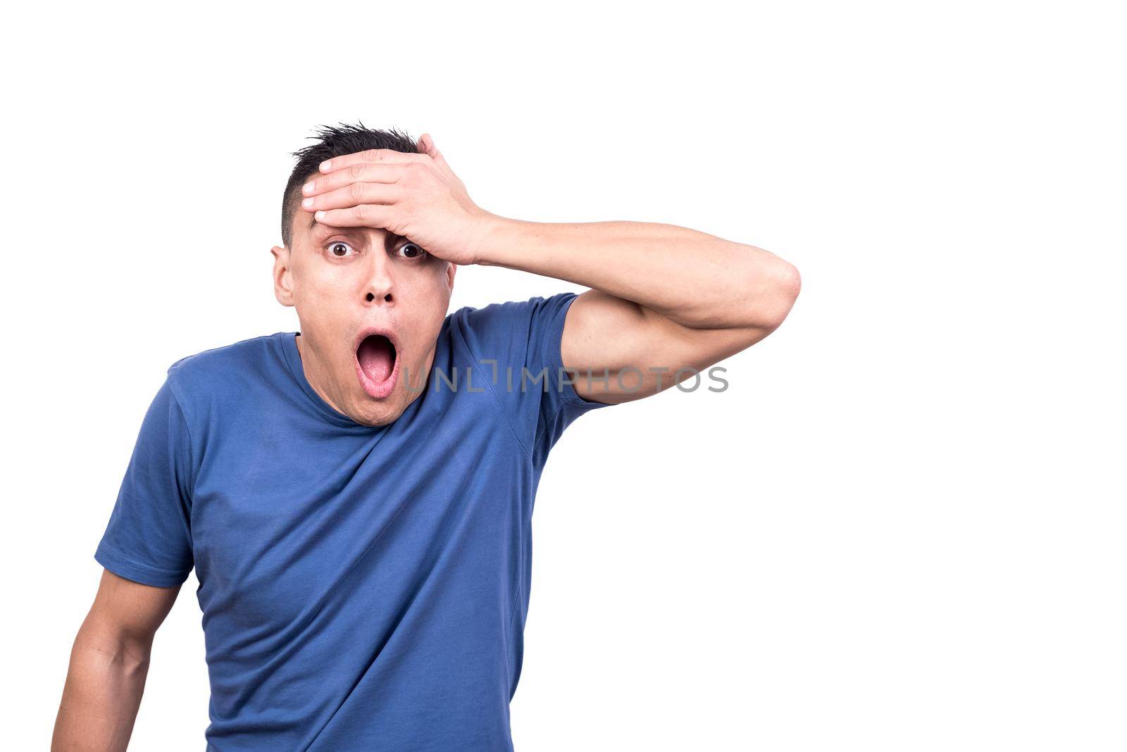Studio photo with white background of a man with his mouth open with a shocked expression
