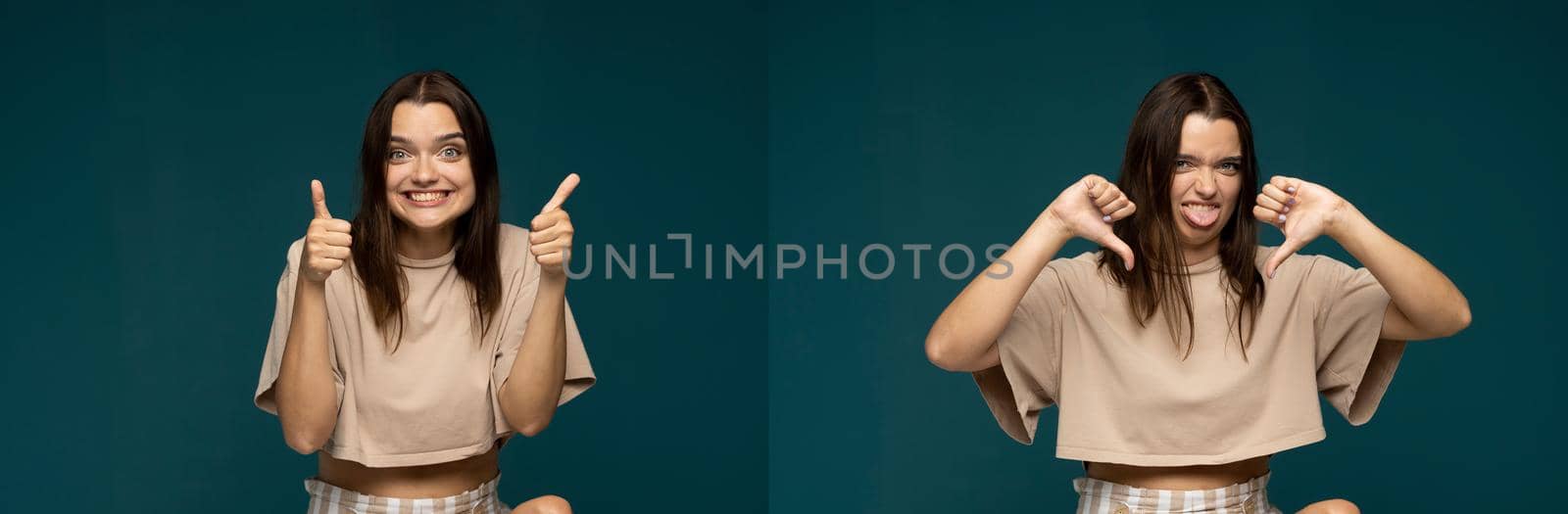 Set of two photos cheerful young brunette woman showing a gestures thumb up and thumb down on cyan color background. Like and unlike gesture