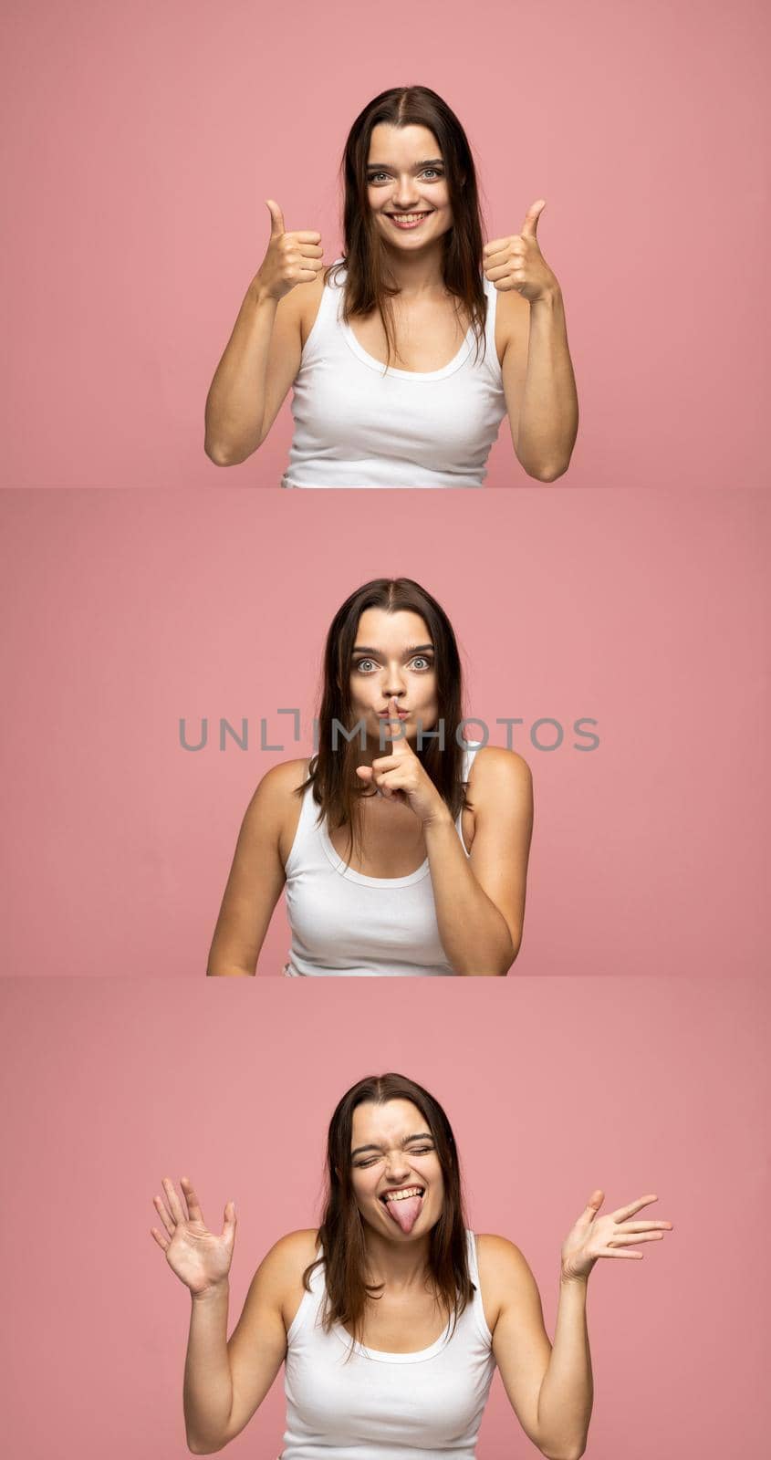 Collage of happy emotions. Set of three portraits of young brunette girl with positive emotions. Female feelings. Young woman in white t-shirt grimacing on camera on pink background. by vovsht