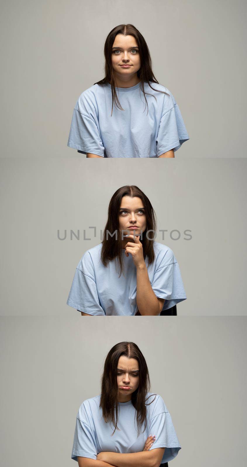Photo collage of brunette girl's emotions composite positive and negative feelings and states. Rage, disgust, surprise, sadness, love, interest, attention, longing, happiness. by vovsht